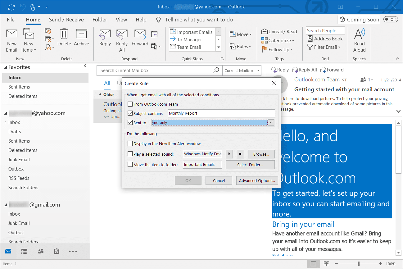 Välja inkommande e-postfilter i Outlook
