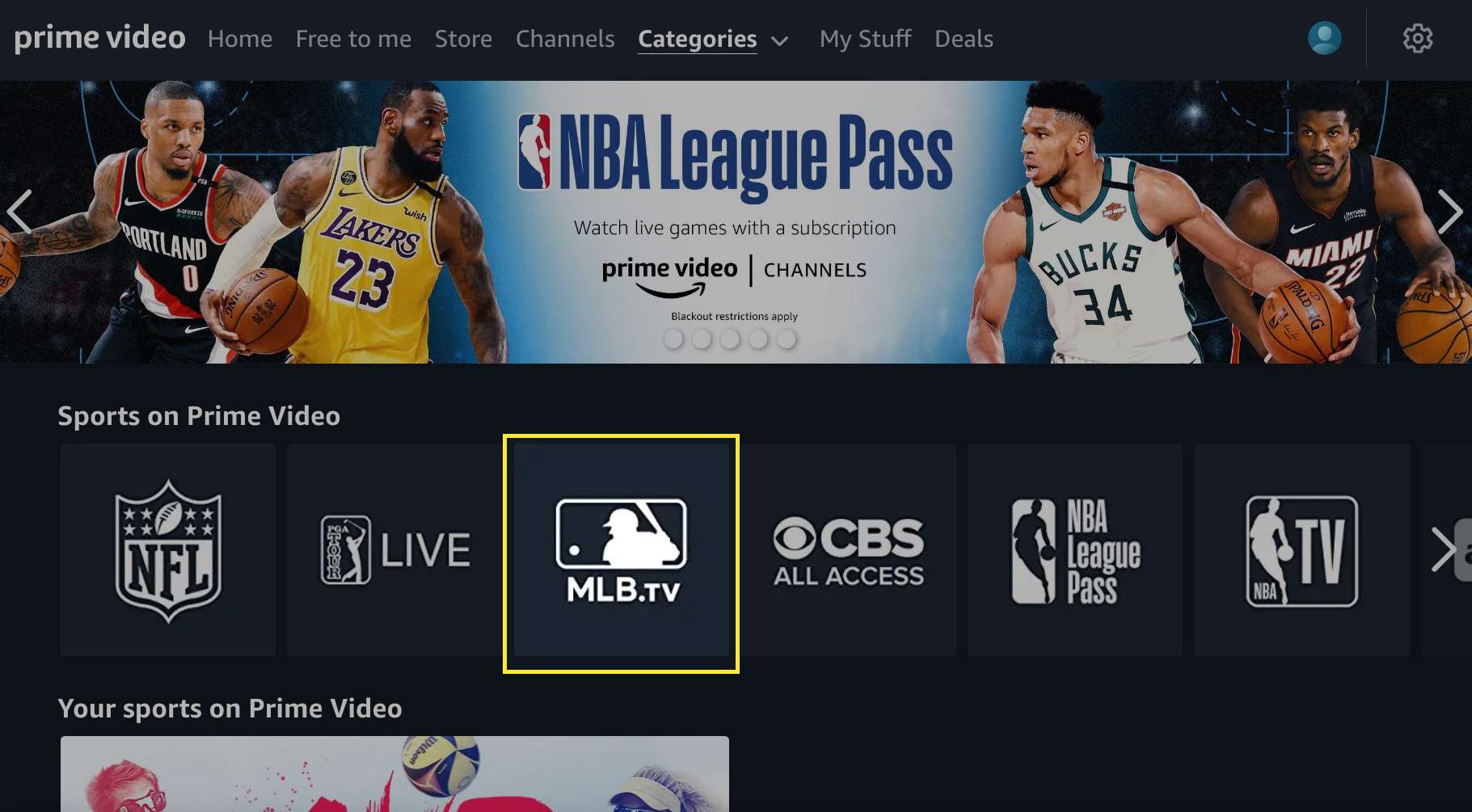 Amazon Prime Video-sportkanaler med MLB.TV markerade