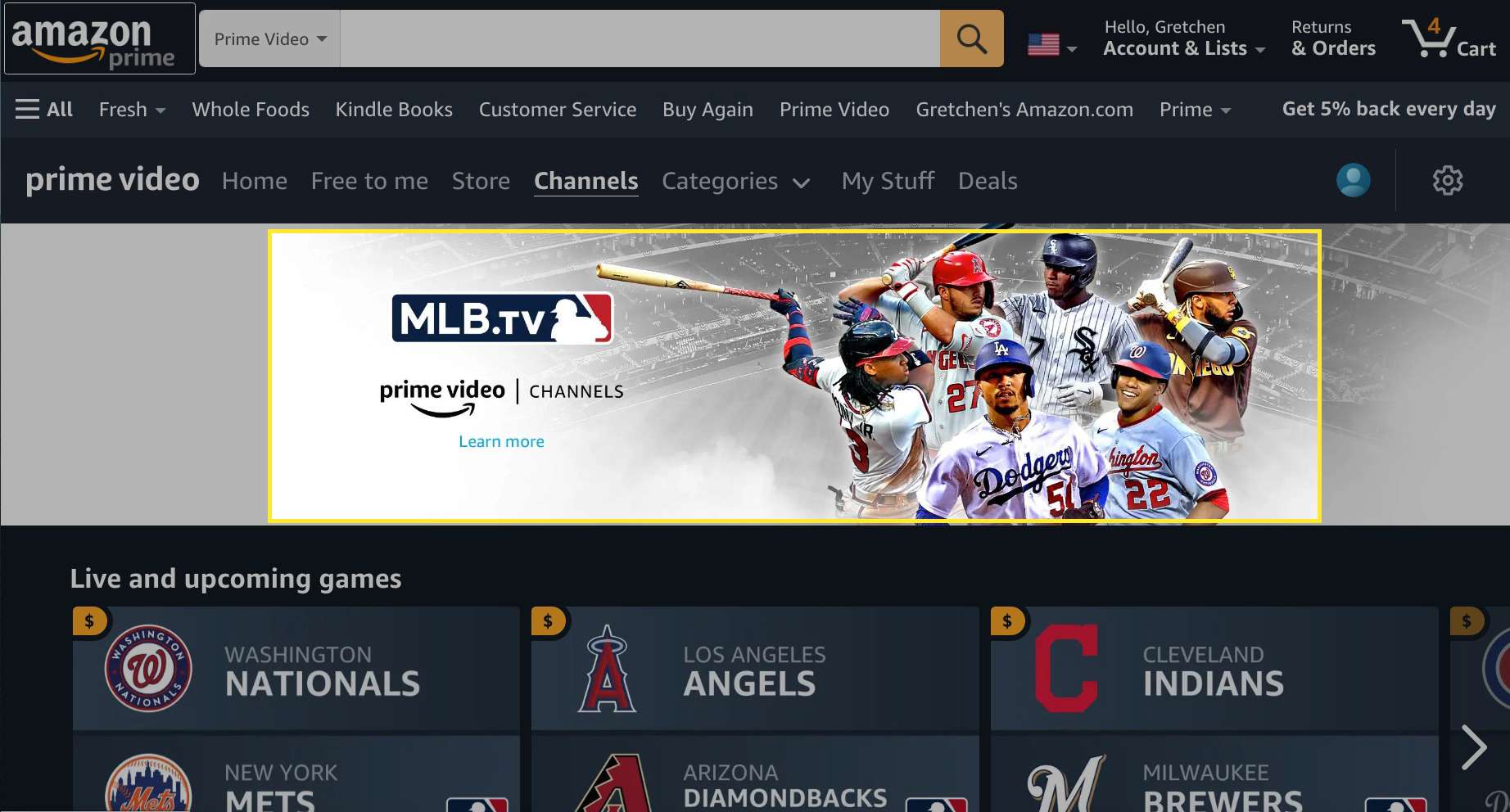 Amazon Prime videokanaler med MLB.TV markerade