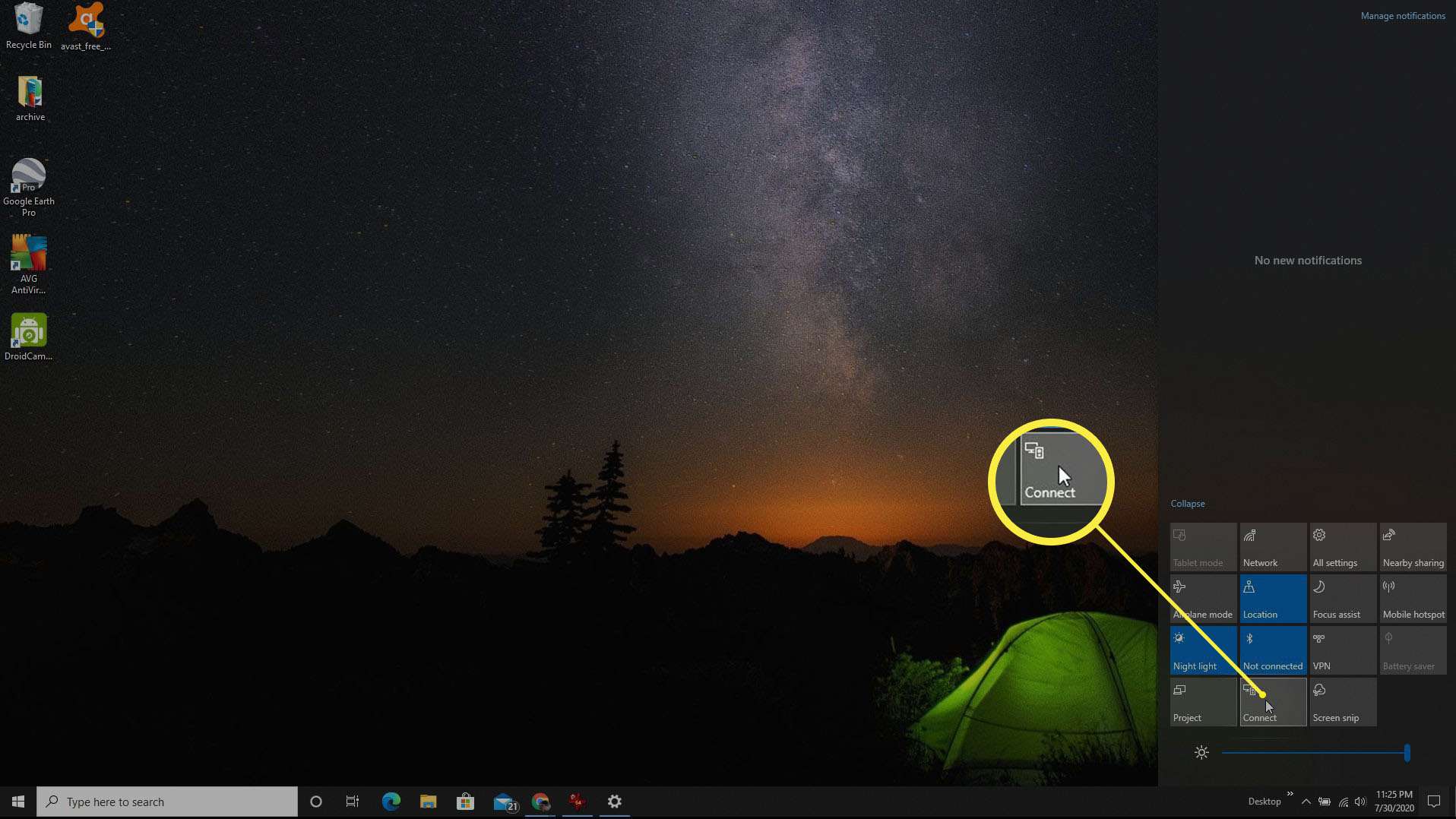 Skärmdump för anslutning till aktiverad Windows 10 via Miracast.