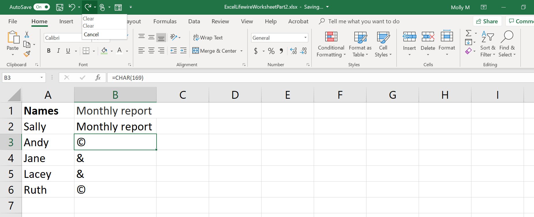 En skärmdump av Excels Redo-knapp med en rullgardinsmeny som visar alla åtgärder som kan göras om.