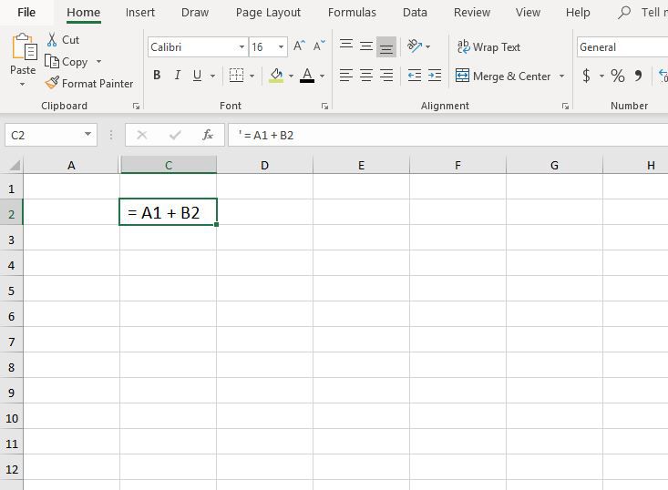 En apostrof omvandlar formler till text i Excel
