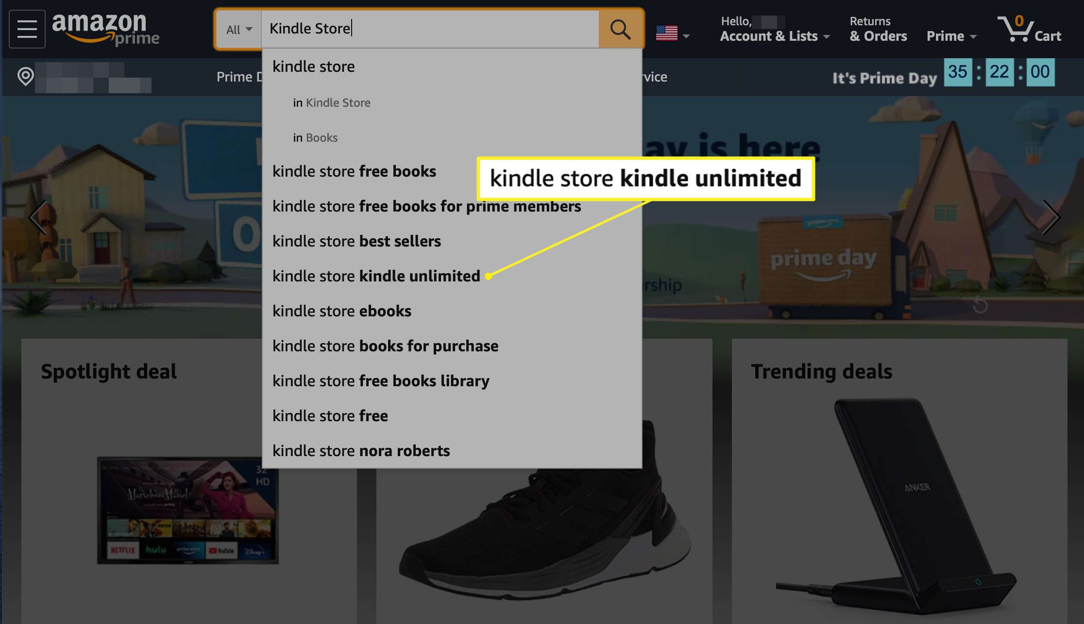 Amazon-sökresultat med Kindle Store Kindle obegränsad markerad