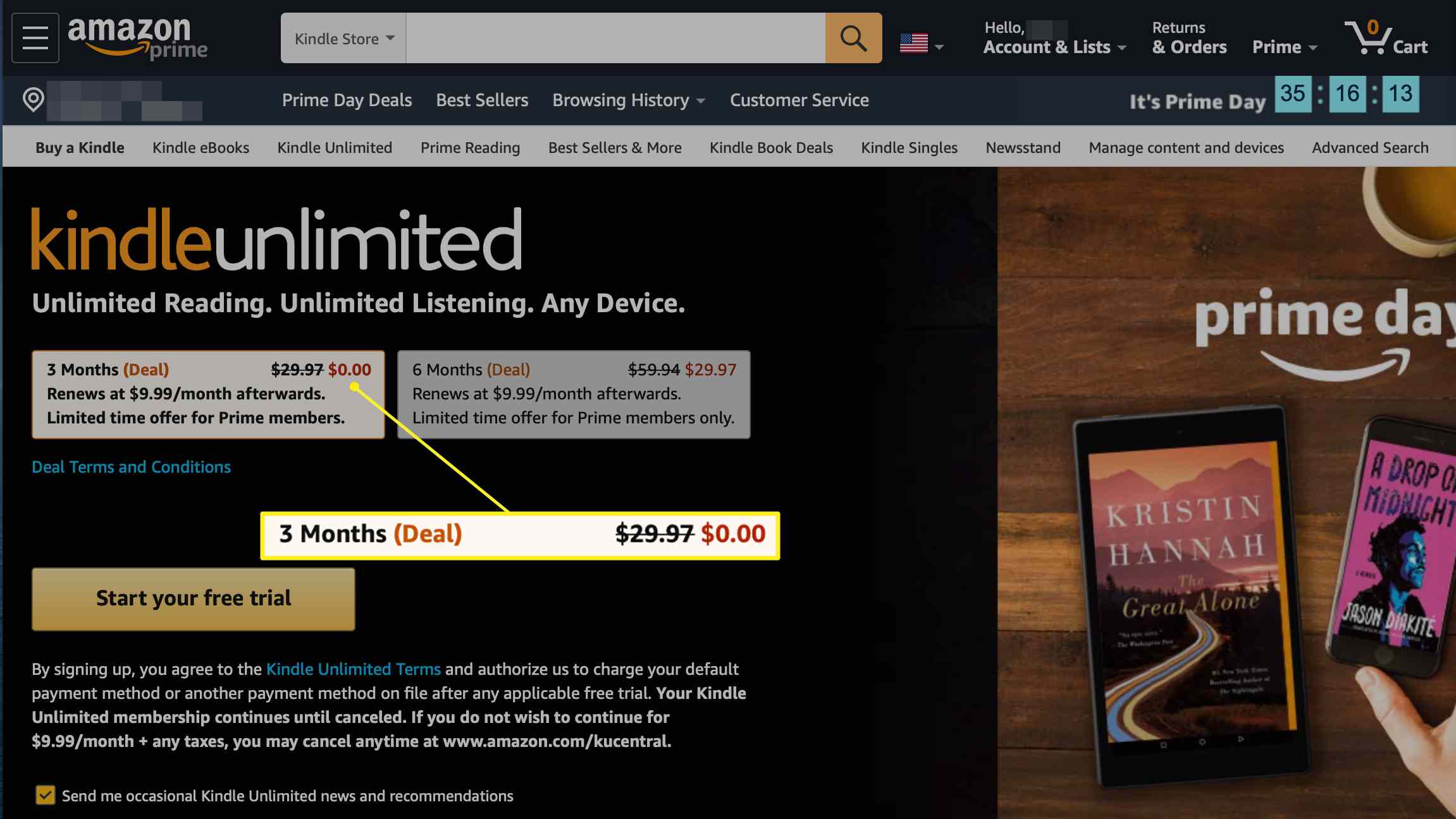 Kindle Unlimited gratis alternativknapp på Amazon.com