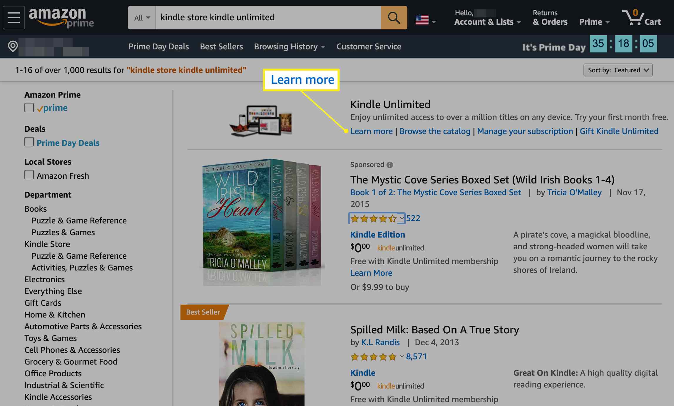 Amazon.com med Läs mer valt i avsnittet Kindle Unlimited