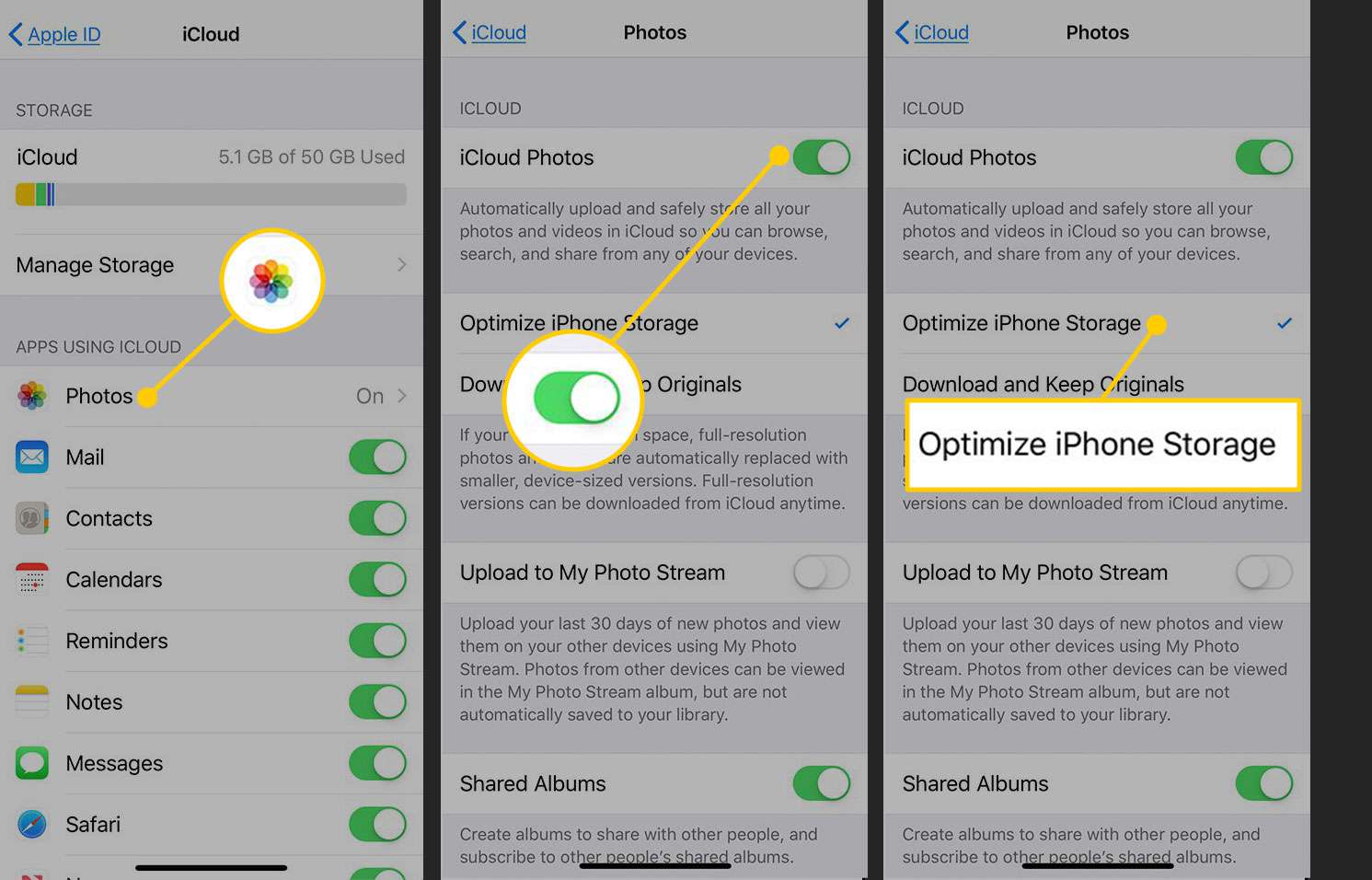 Skärmarna iCloud och Photos med Optimize iPhone Storage markerad