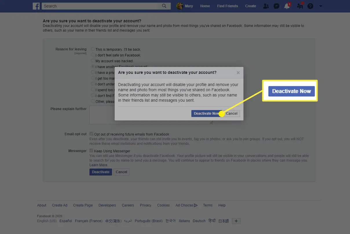 Det sista steget i att inaktivera ett Facebook-konto med en webbläsare.