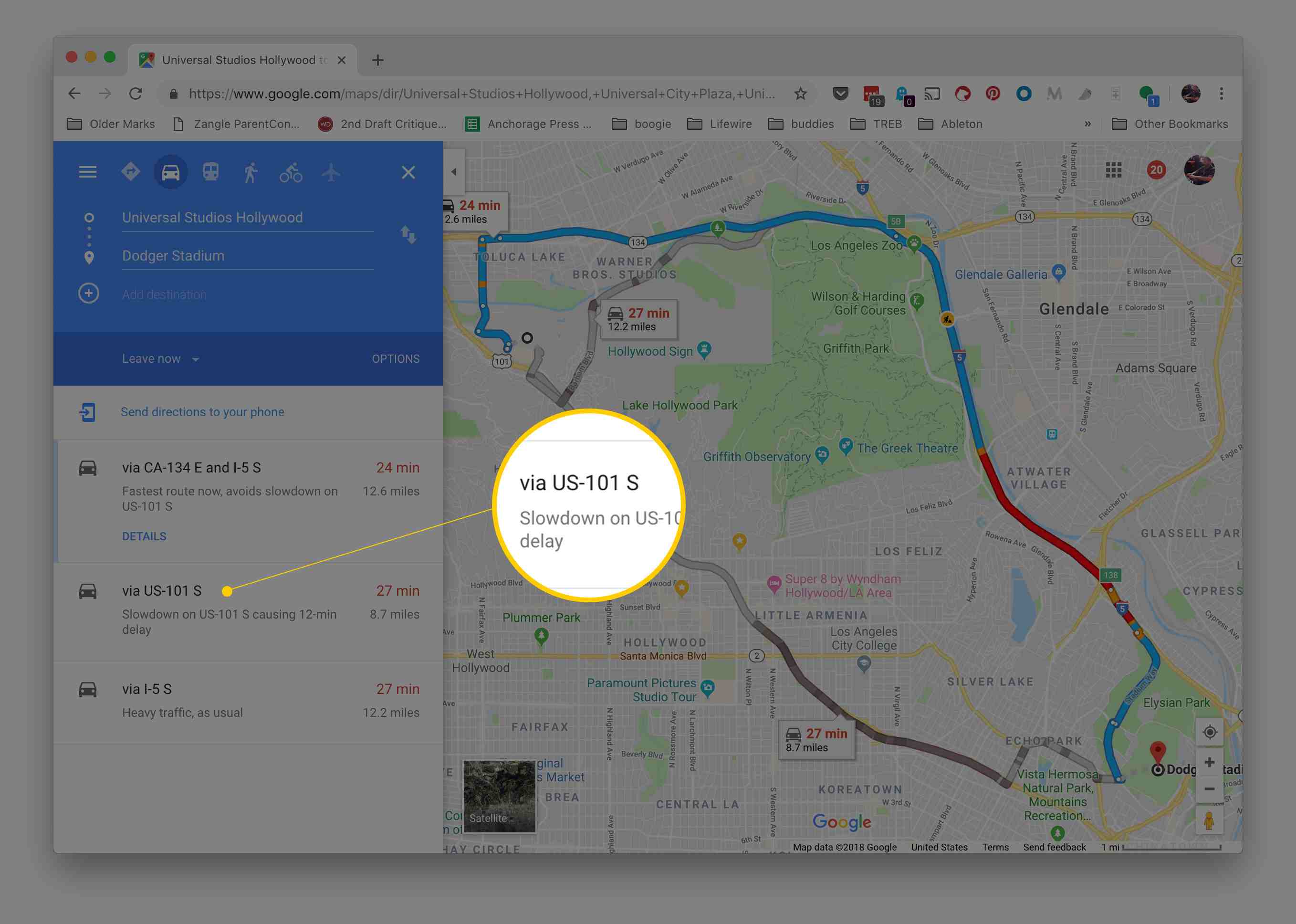 Alternativt ruttgränssnitt i Google Maps i Chrome för macOS