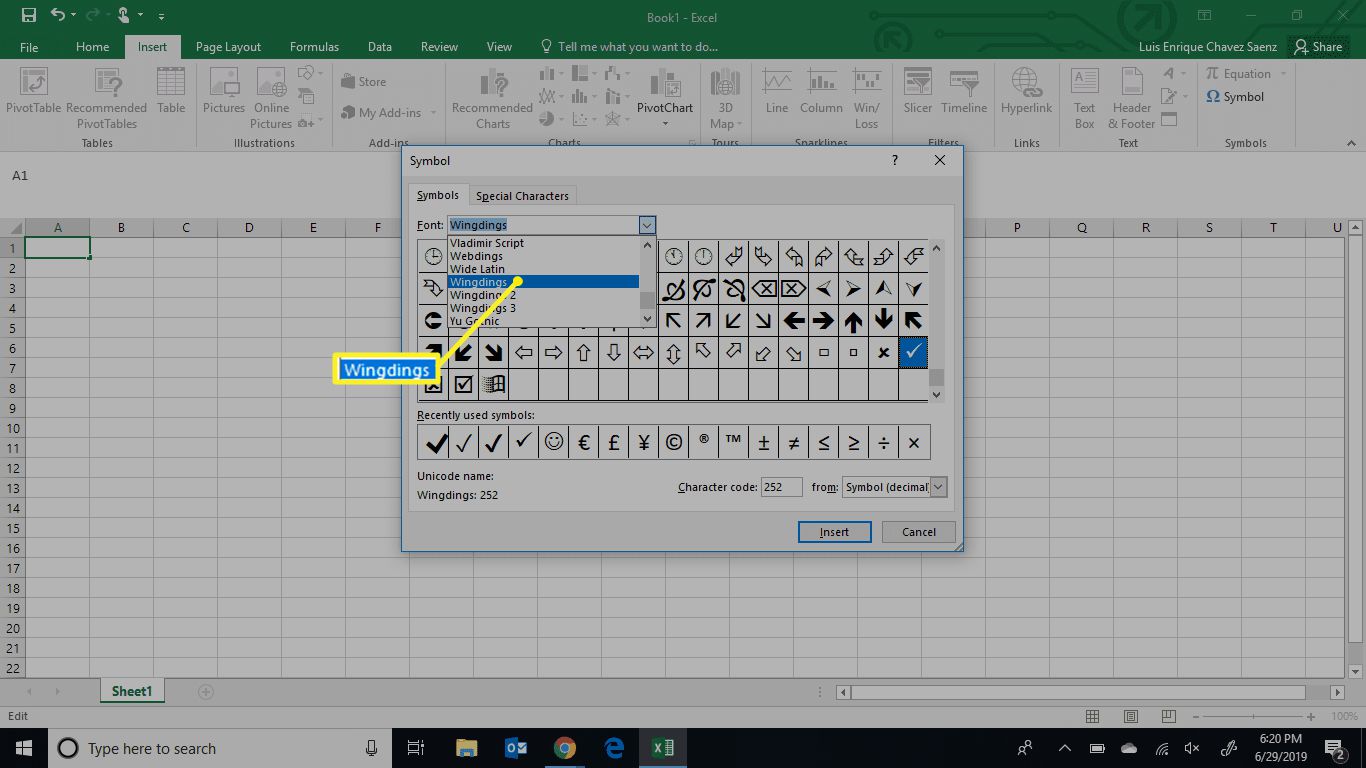 Excel-menyn med Wingdings vald