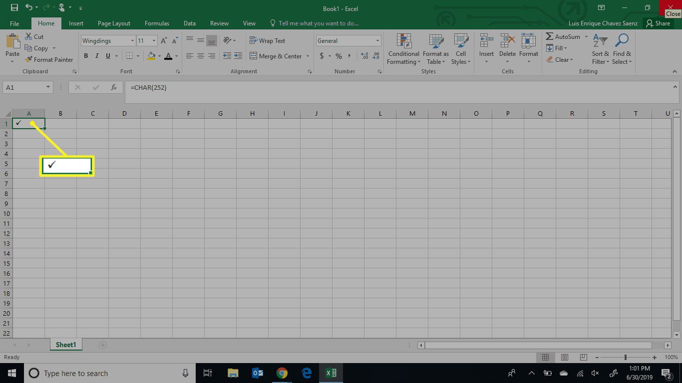 Excel visar kryssmarkering med teckenkod