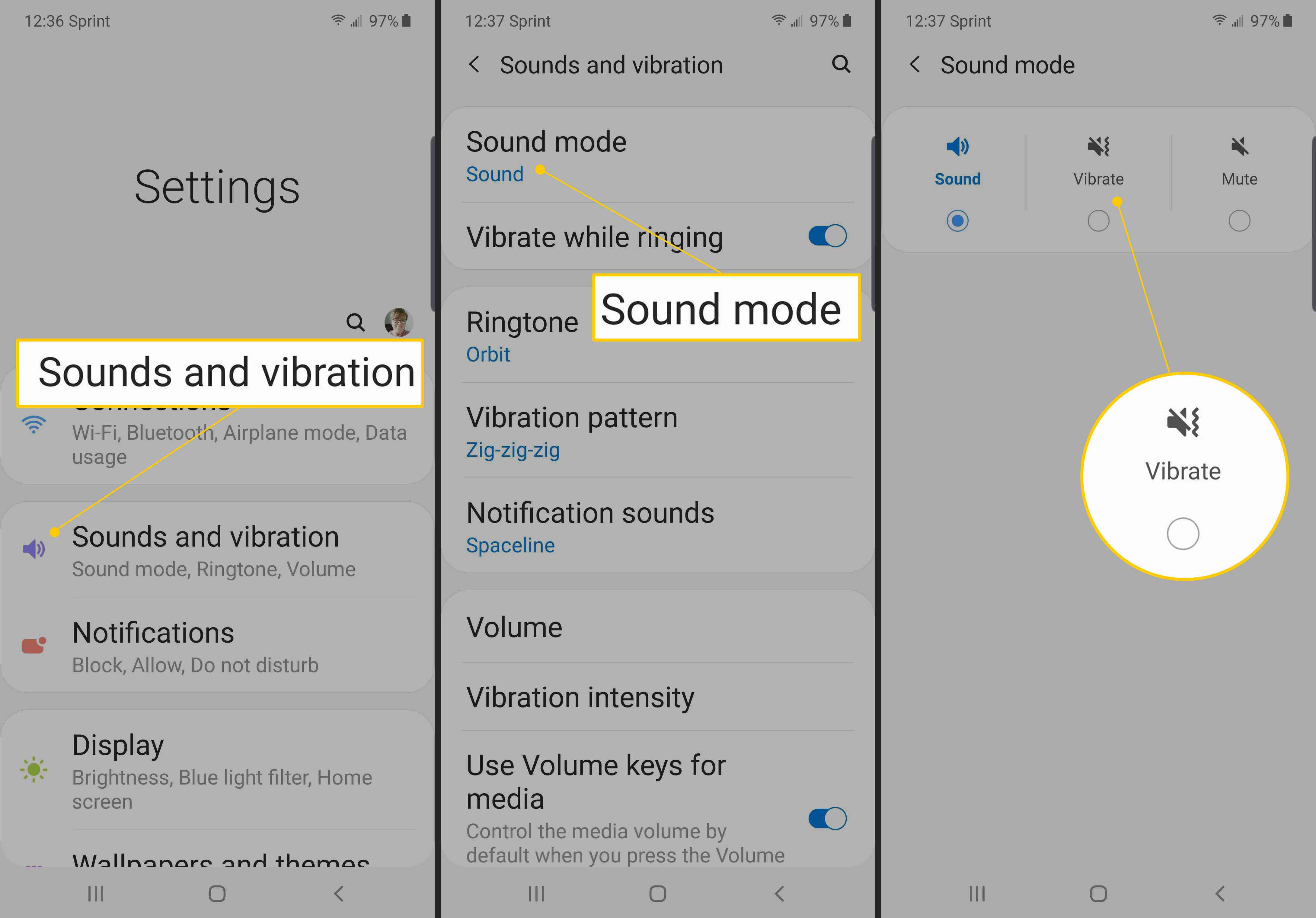 Ljud och vibrationer, ljudläge, kryssrutan Vibrera på Android