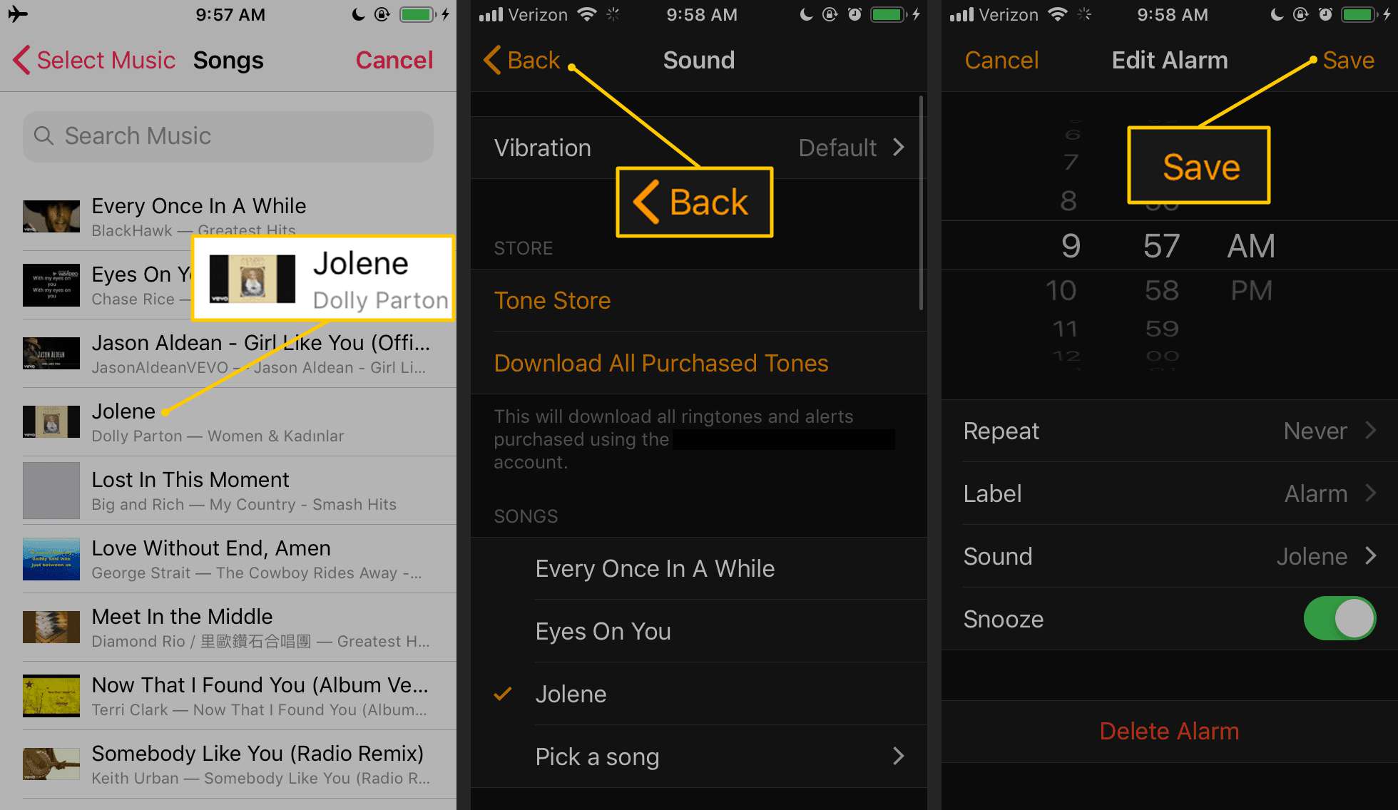 Sång för larm, Bakåt-knapp, Spara-knapp i iOS Clock-appen