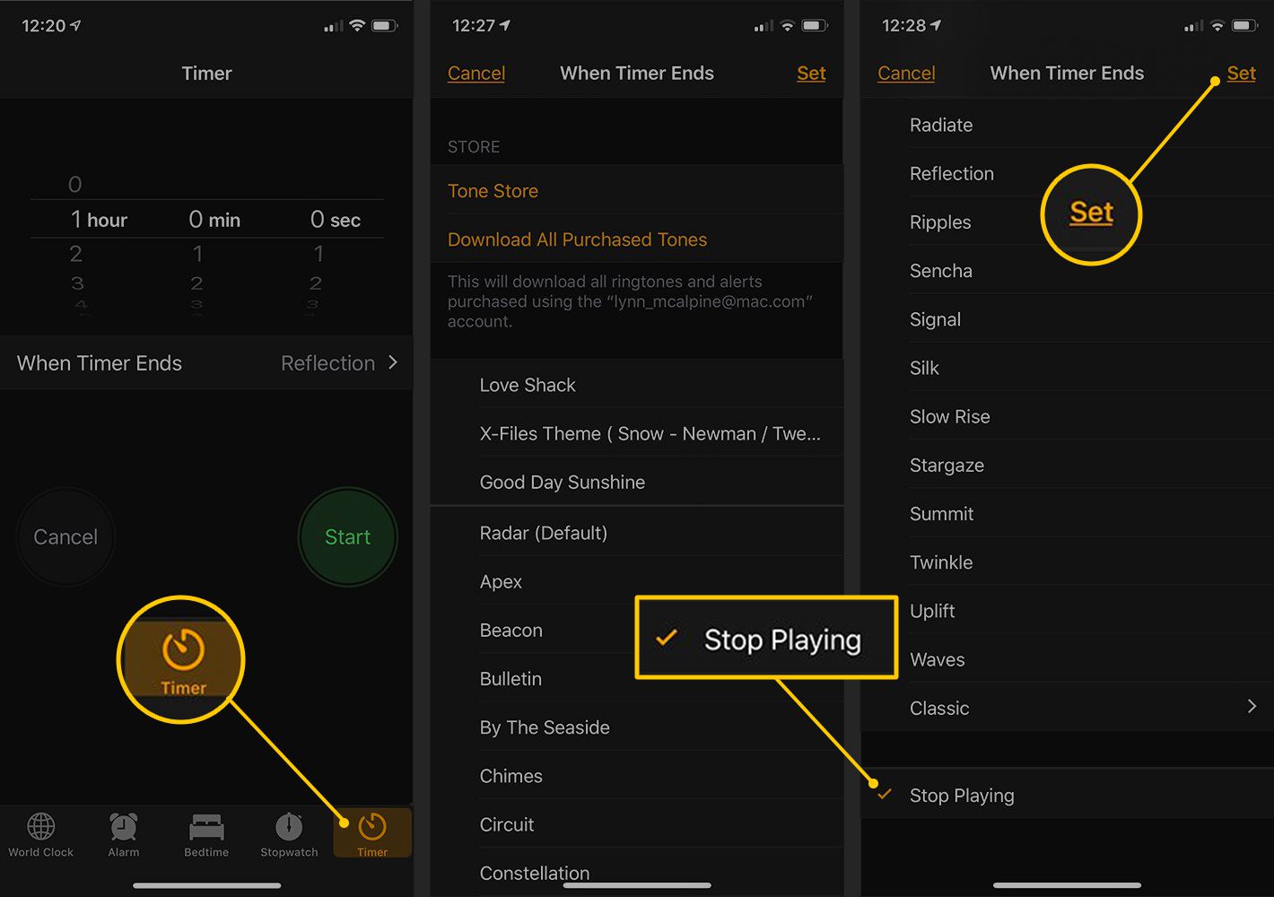Timer, Stop Playing och Set-knappar i iOS Clock-appen