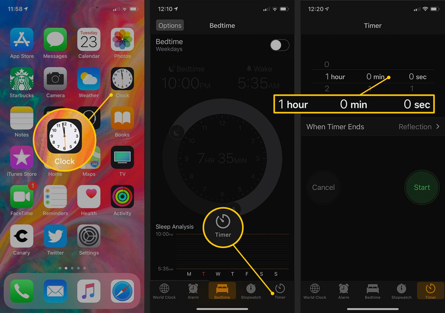 Klockikon, timer-knapp, timerinställningar på iPhone