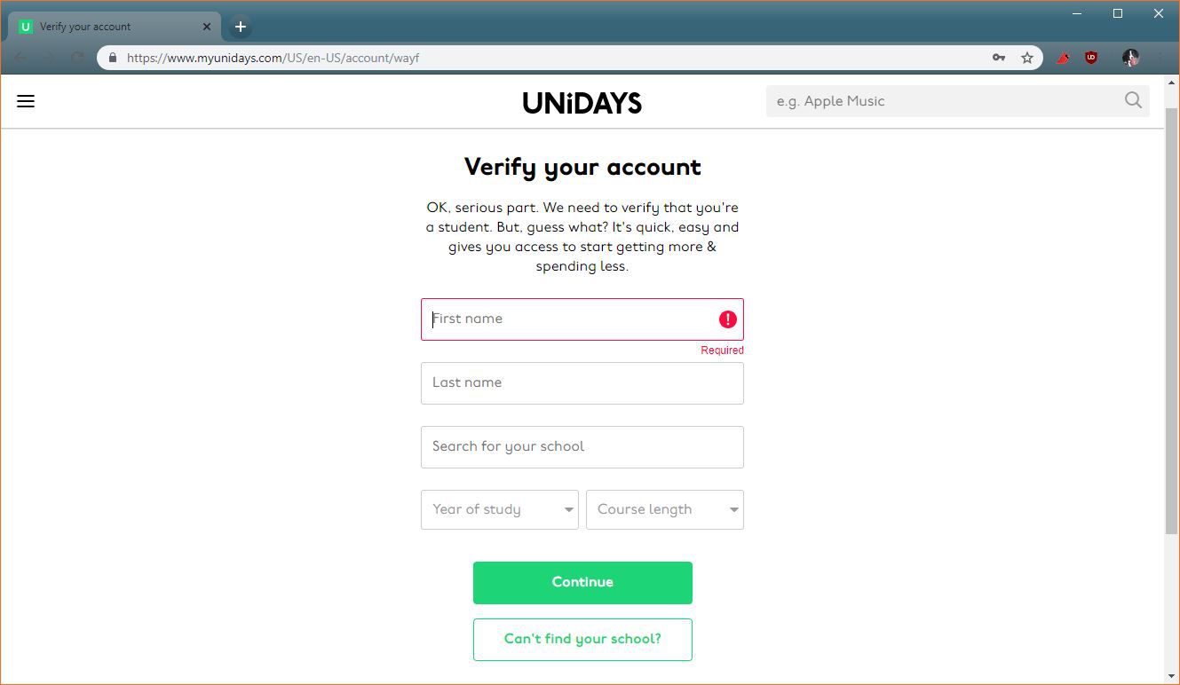 En skärmdump av Unidays studentverifieringssida