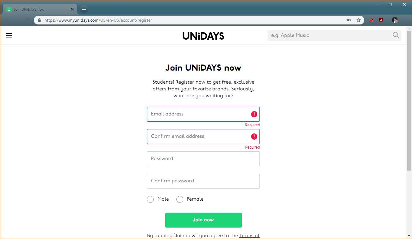 En skärmdump av Unidays-registreringssidan