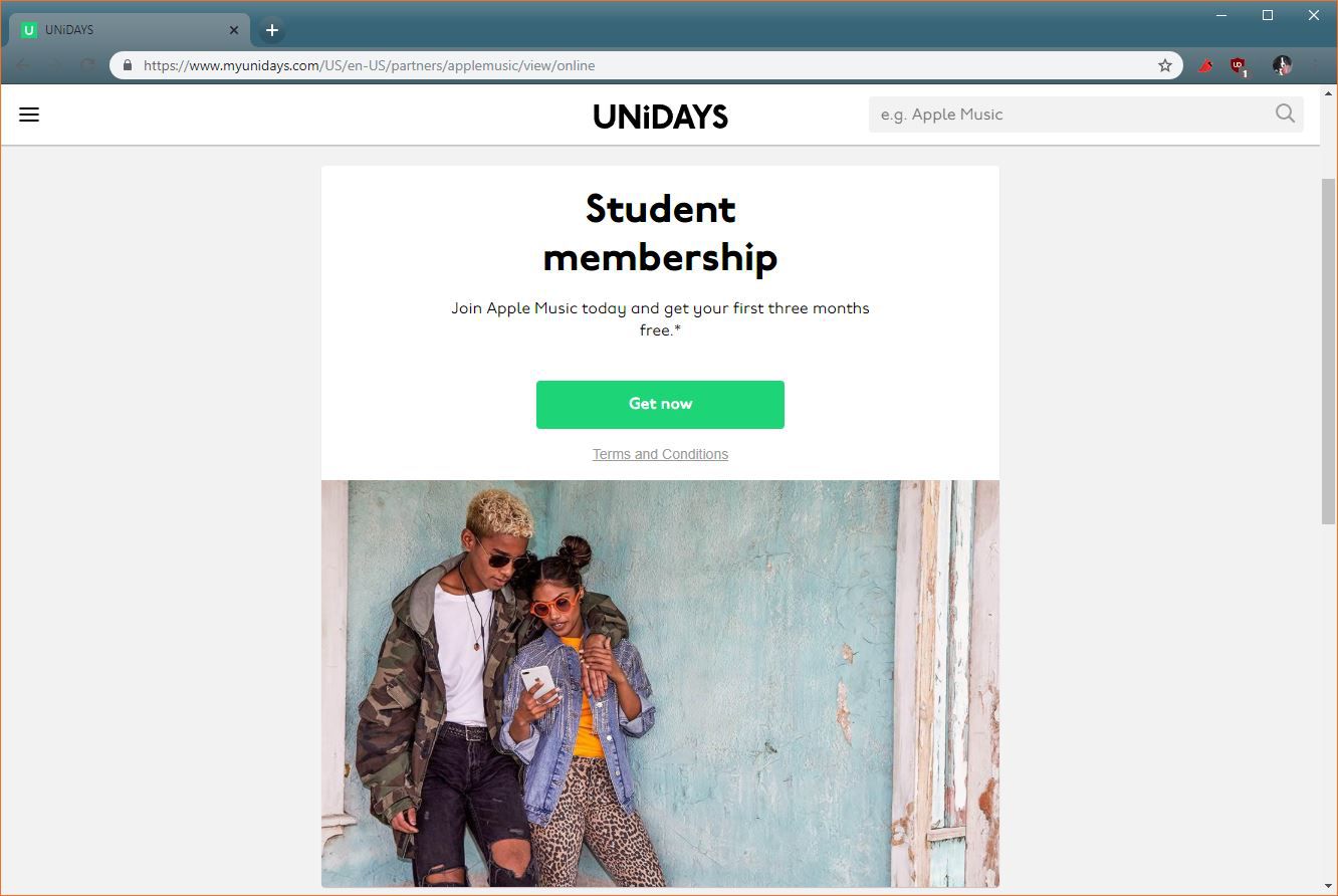 En skärmdump av Unidays Apple Music-portalen