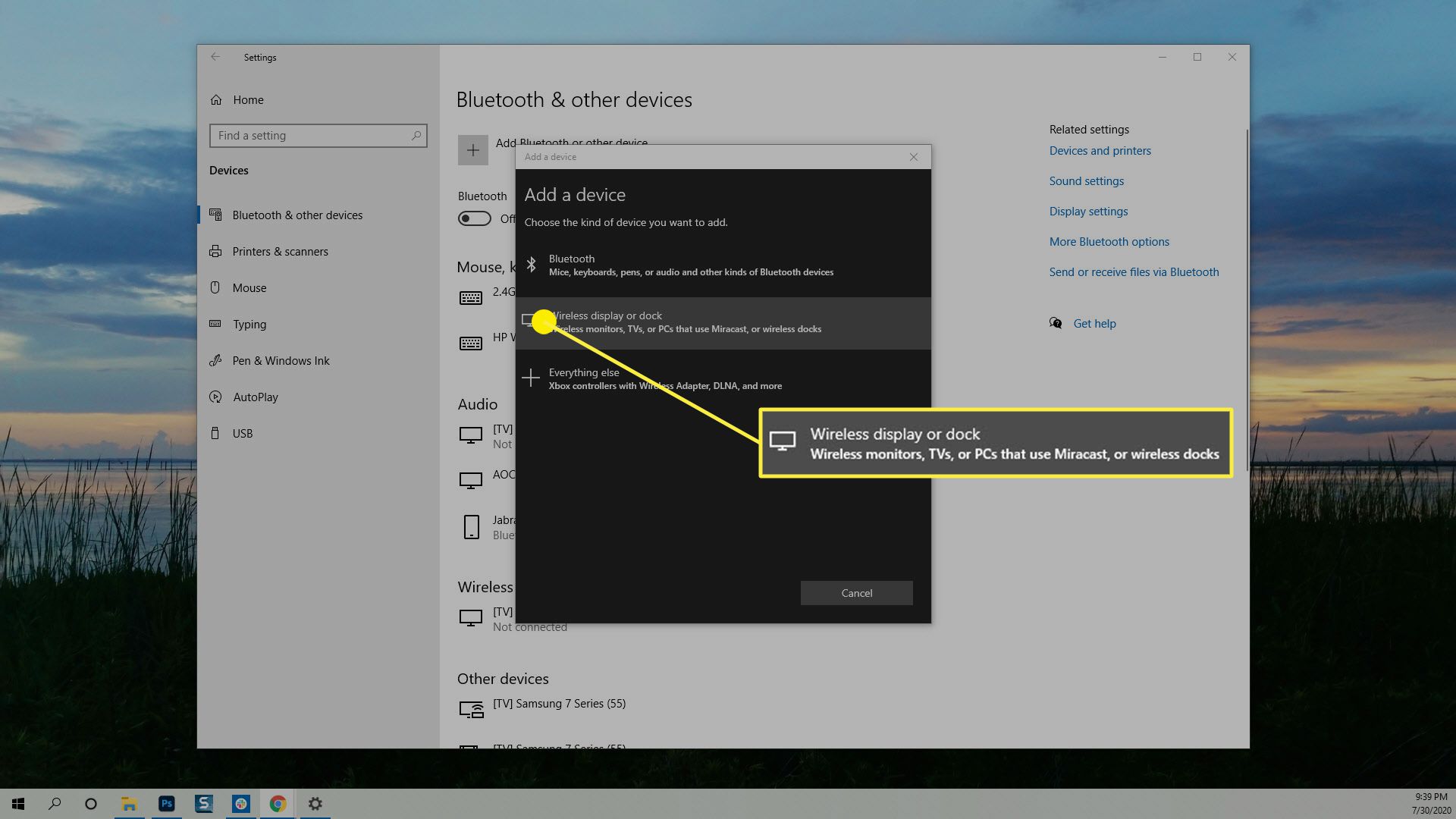 Trådlös skärm eller dockningsalternativ i Windows 10.