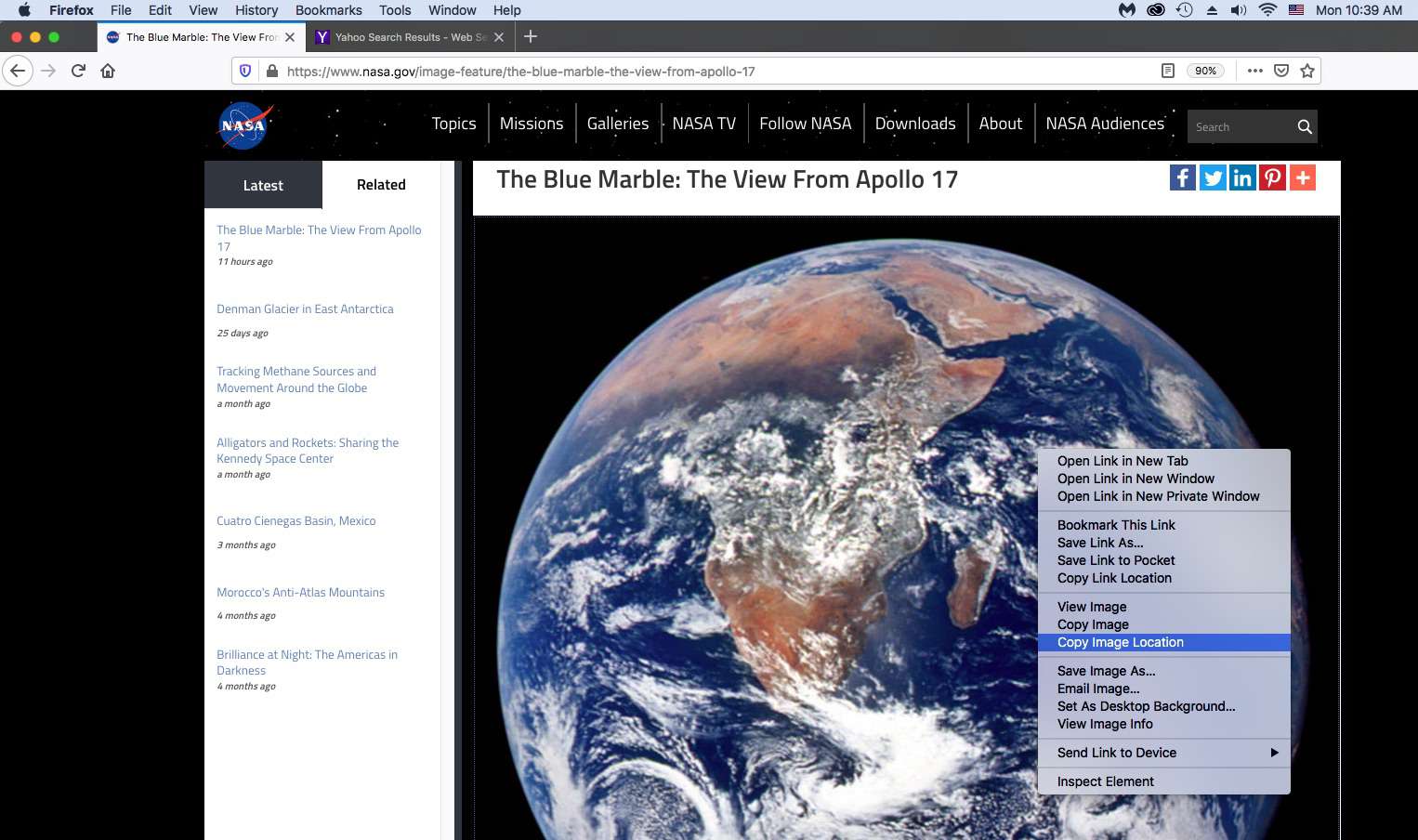 Skärmdump för att kopiera en bild-URL i Firefox