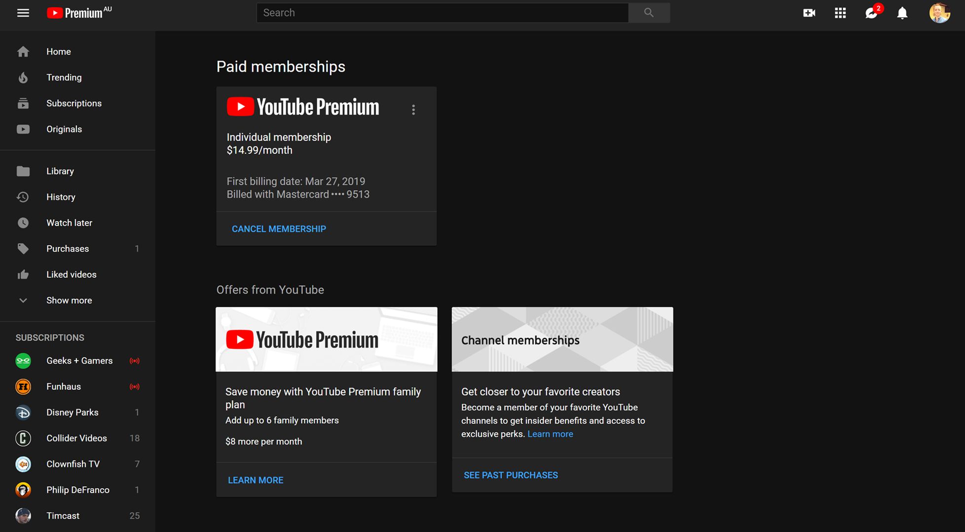 Avbryter YouTube Premium på YouTubes webbplats.