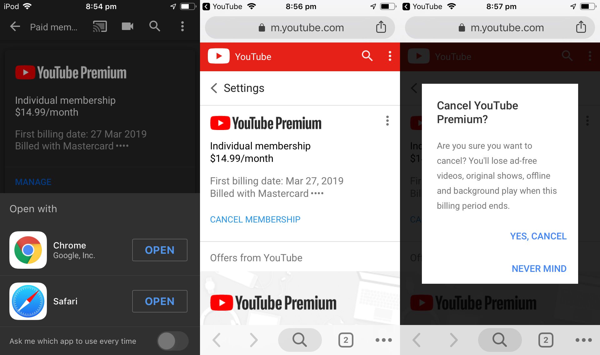 Avbryter YouTube Premium på mobilen.