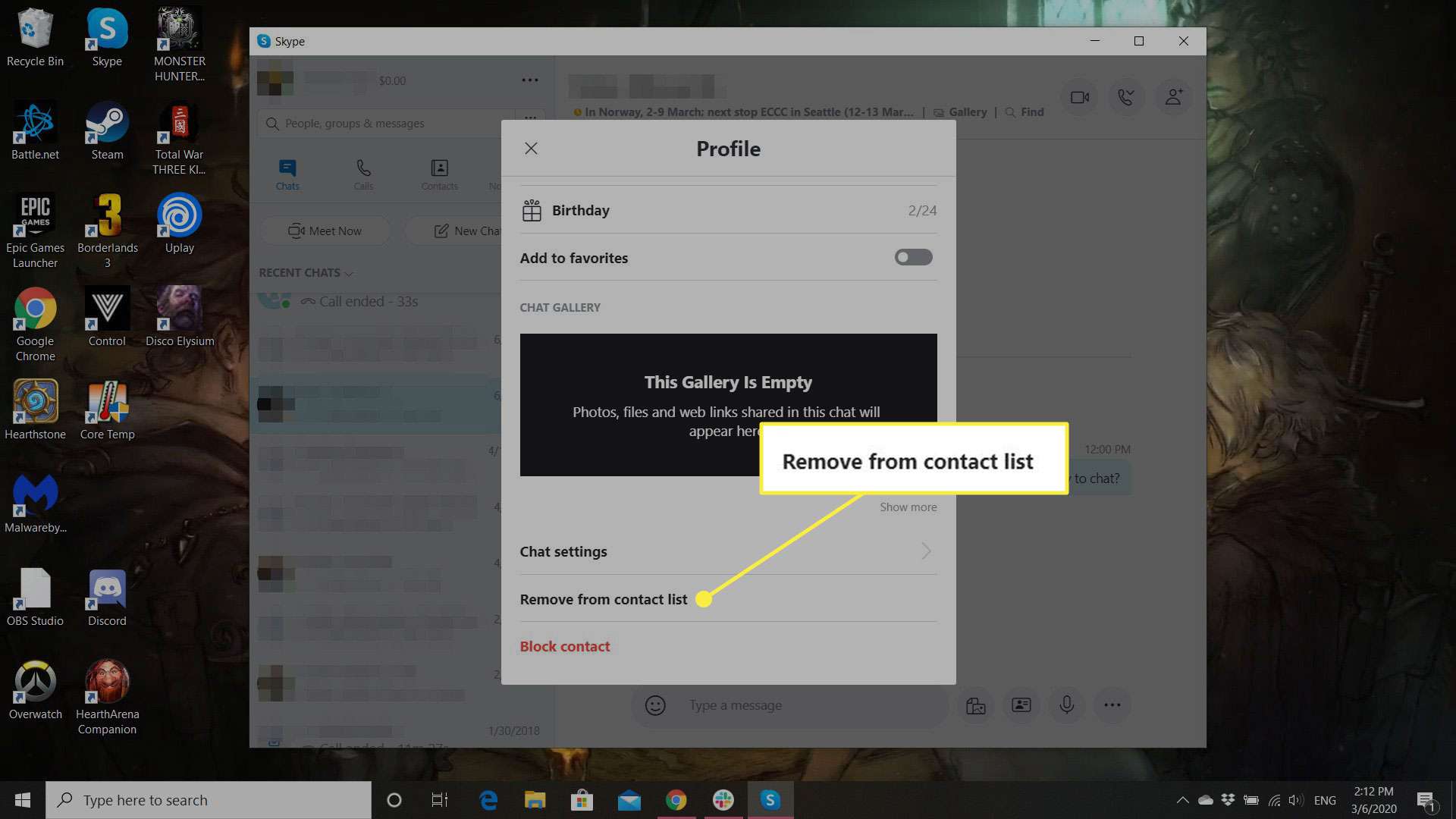 En skärmdump av en Skype-profil med knappen Ta bort från kontaktlista markerad