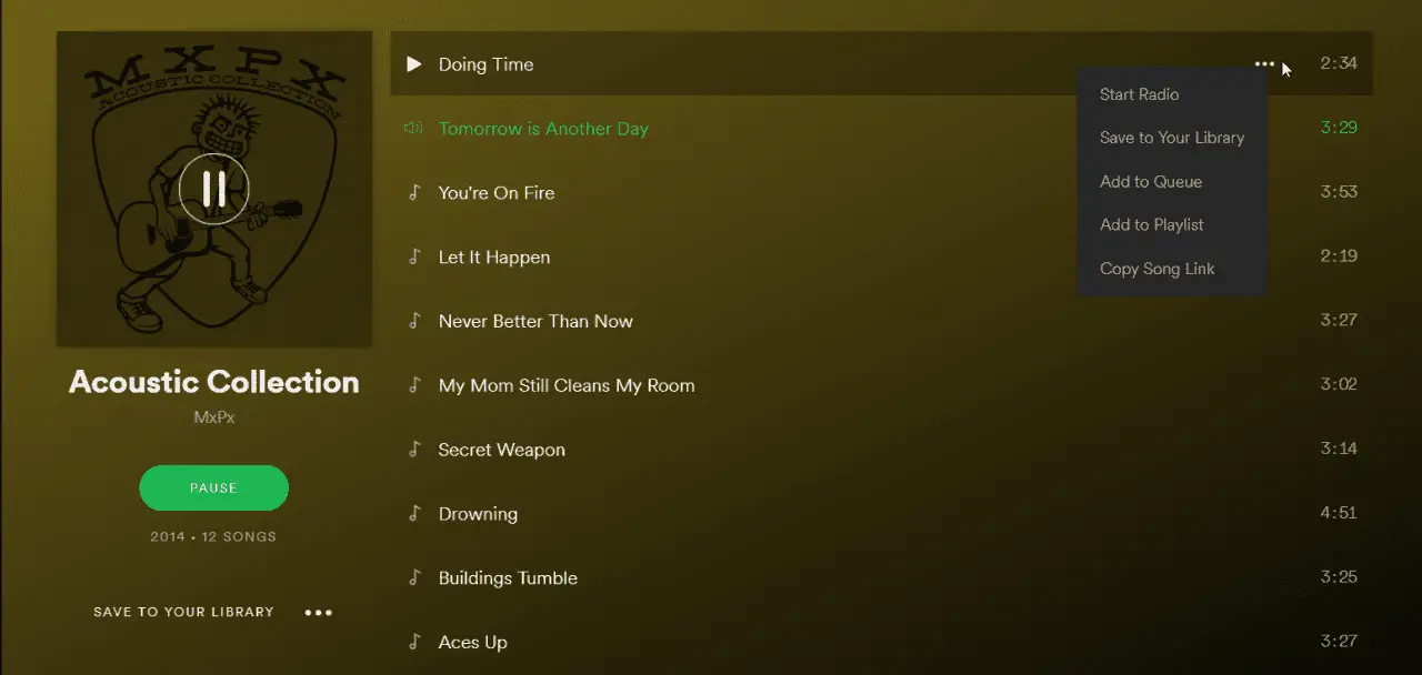 Skärmdump för att lyssna på musik i Spotify Web Player.