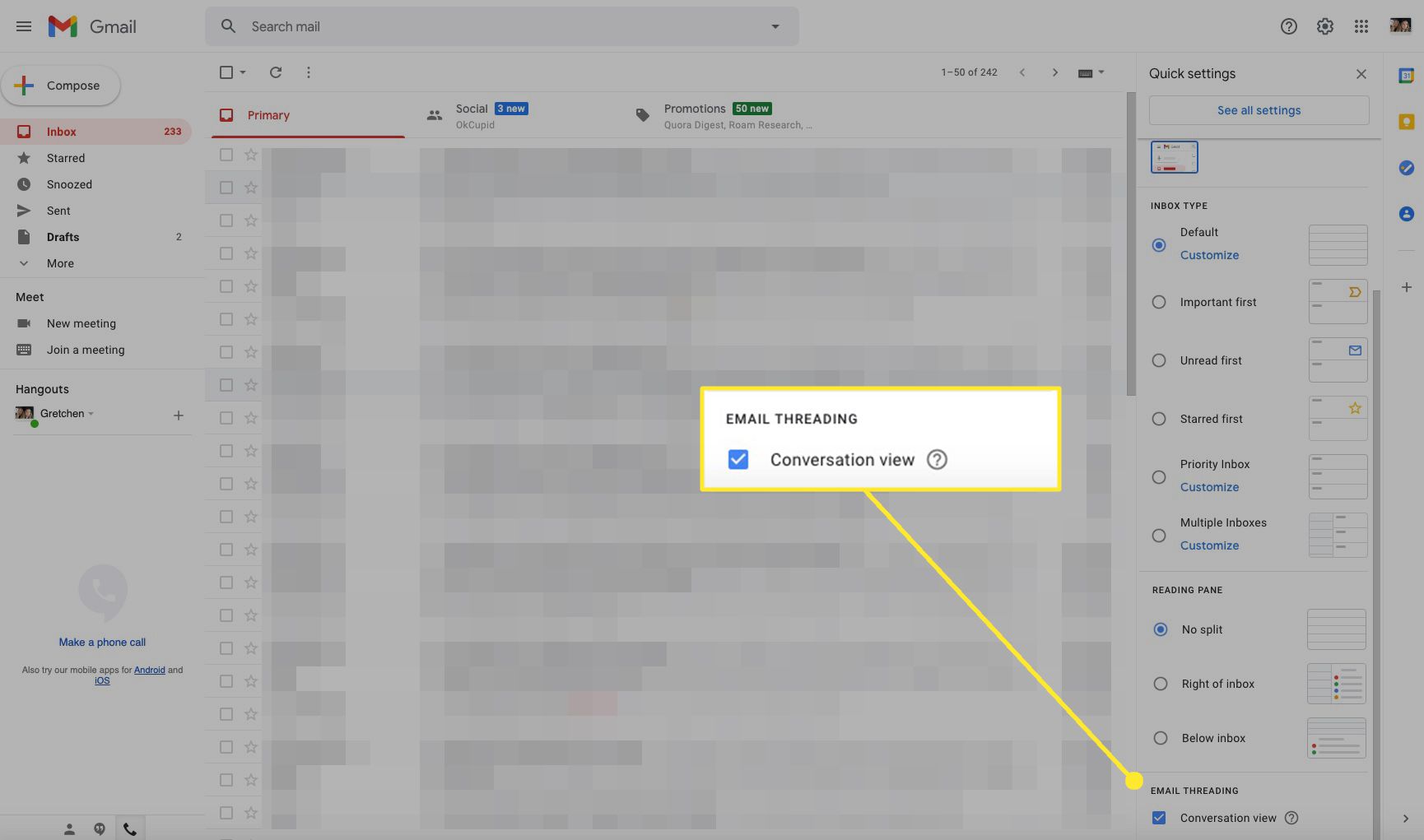 Gmail-inställningar med konversationsvy markerade och markerade