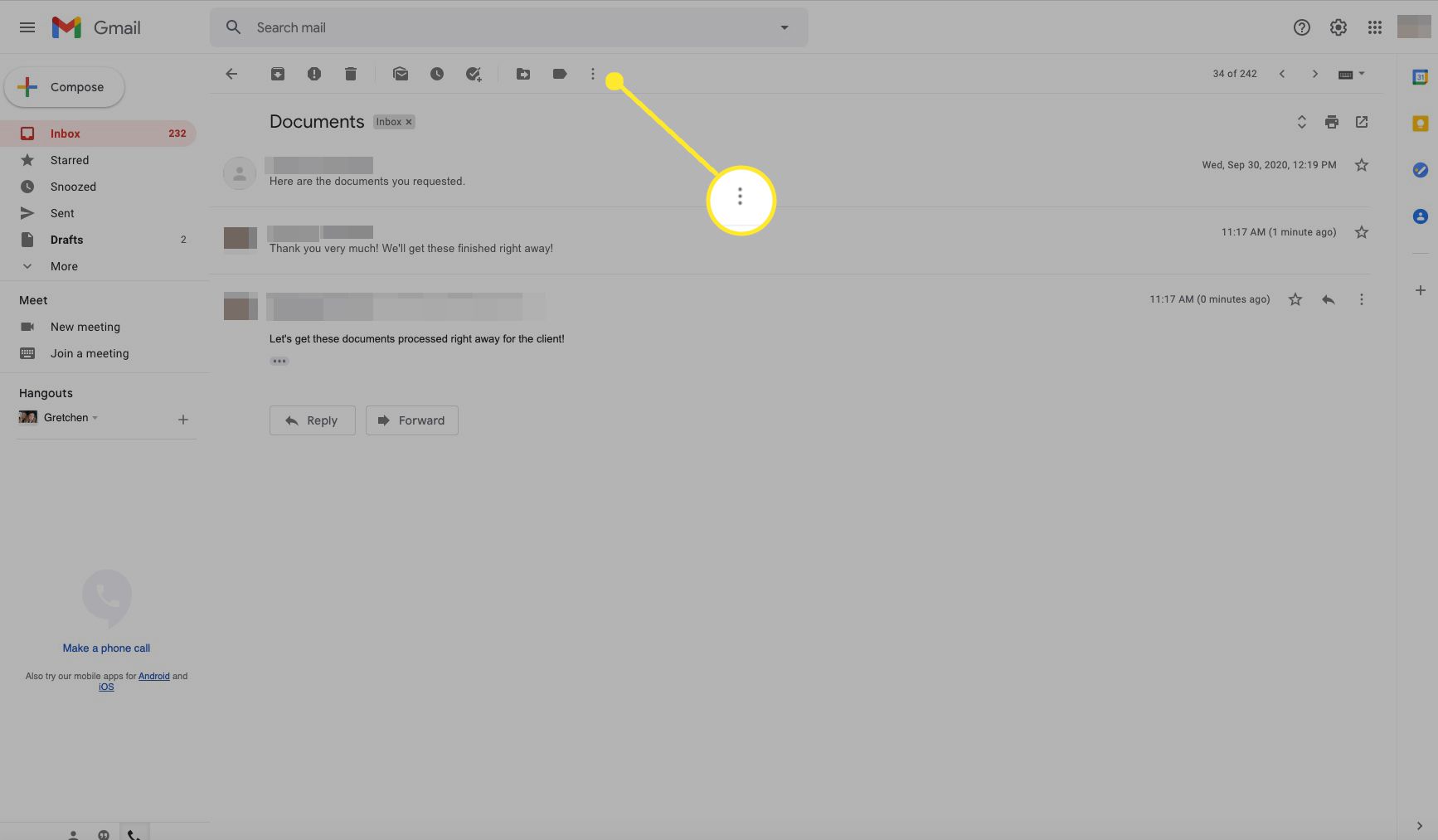 Gmail-verktygsfält med mer (tre punkter) markerat