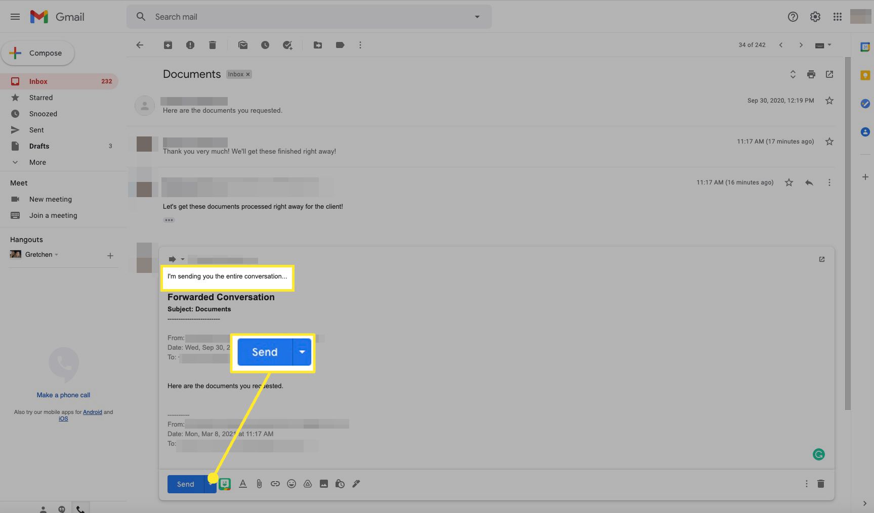 Gmail vidarebefordrade konversationstråd med Skicka markerad