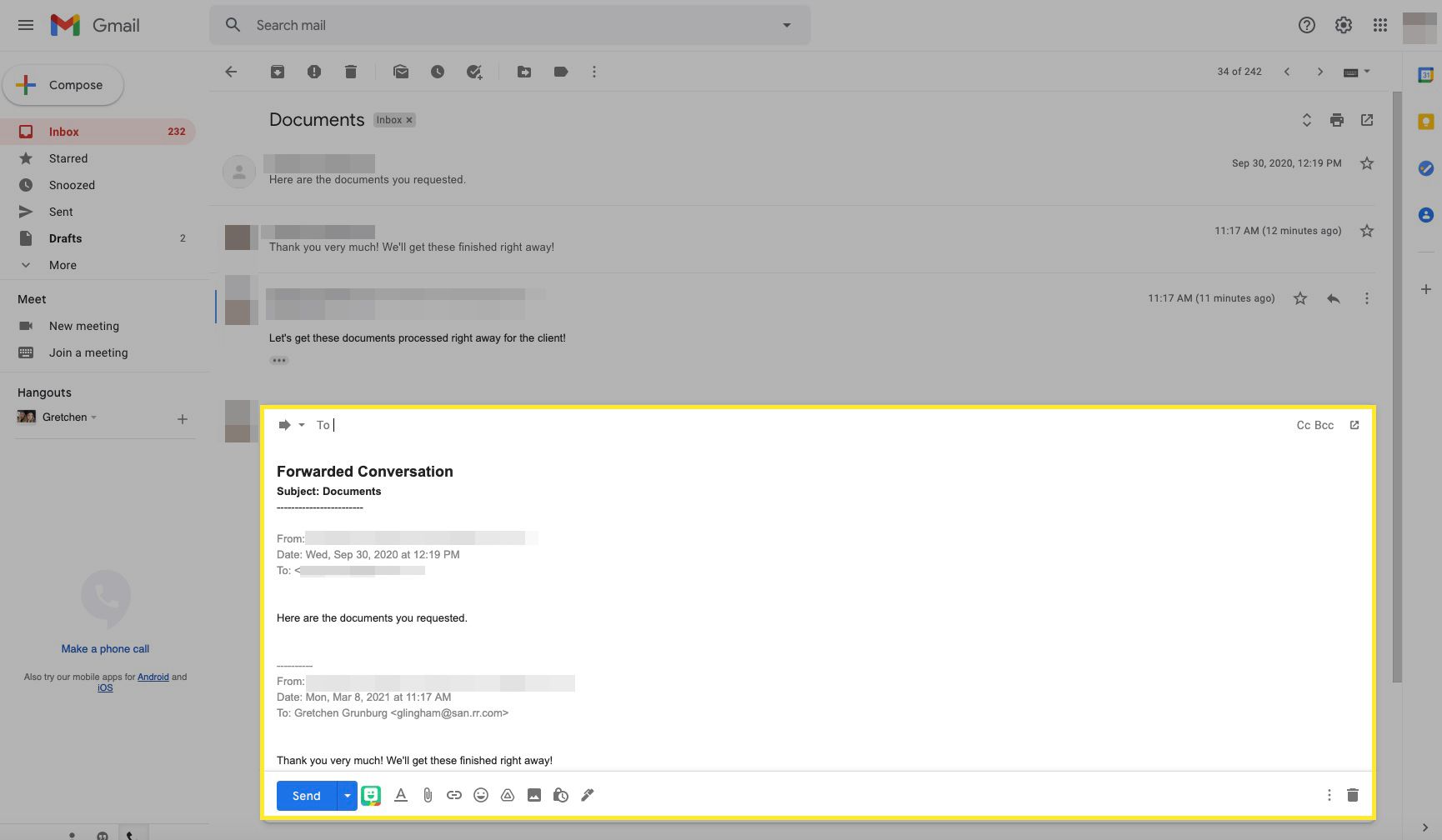 Gmail-e-posttråd vidarebefordras med vidarebefordrad konversation markerad