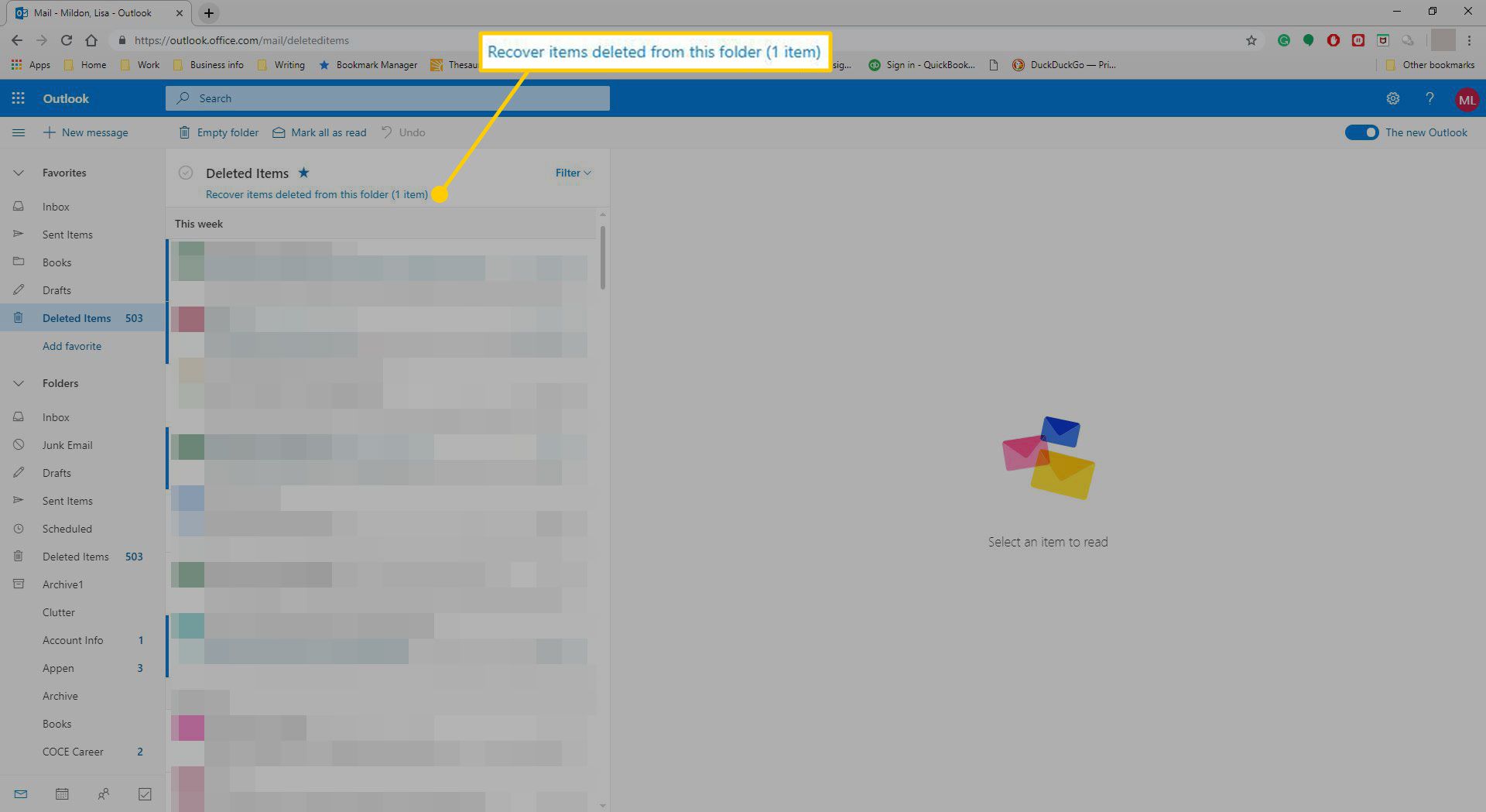 Kommandot "Återställ objekt som raderats från den här mappen" i Outlook