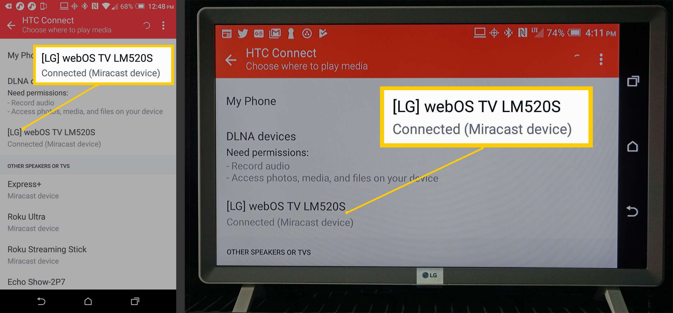 Exempel på anslutning till Android-skärmspegling upprättad med LG Smart TV