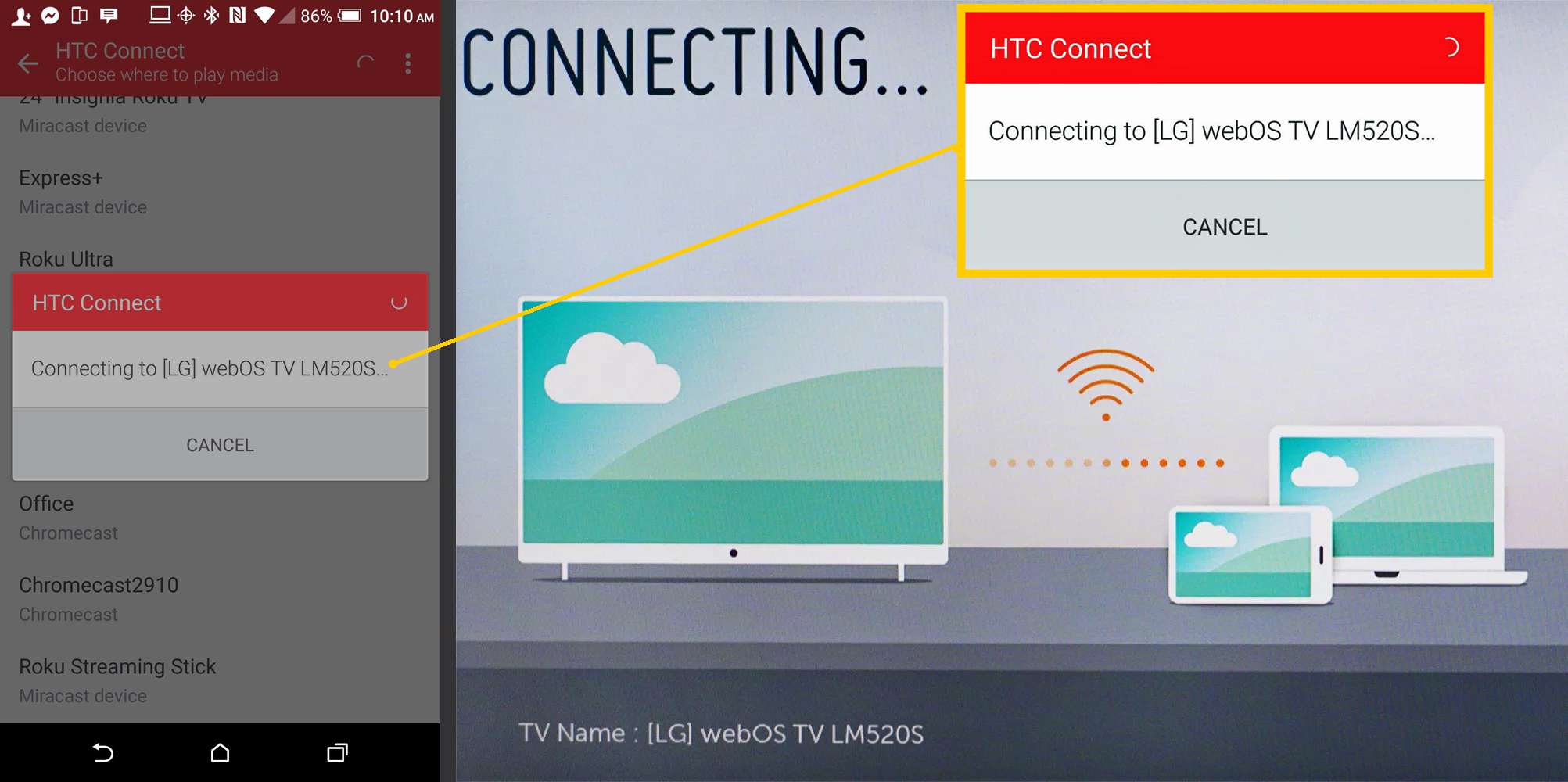 Exempel på Android-telefon som upprättar skärmspeglingsförbindelse med LG Smart TV