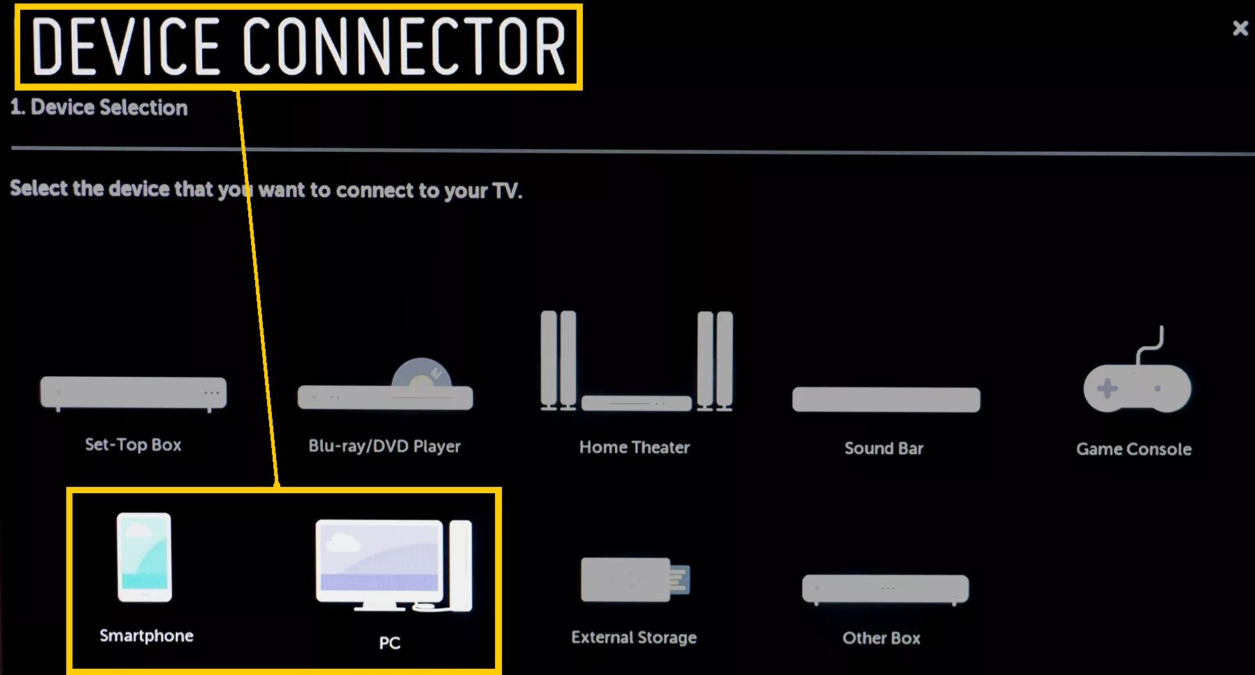 LG TV Device Connector Menu - Smartphone och PC markerad