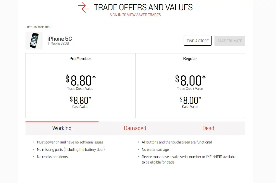 GameStop-erbjudanden och värdesidor för en iPhone 5C