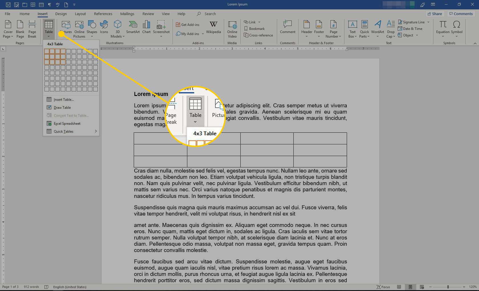 Infoga menyn i Microsoft Word med alternativet Tabell markerat