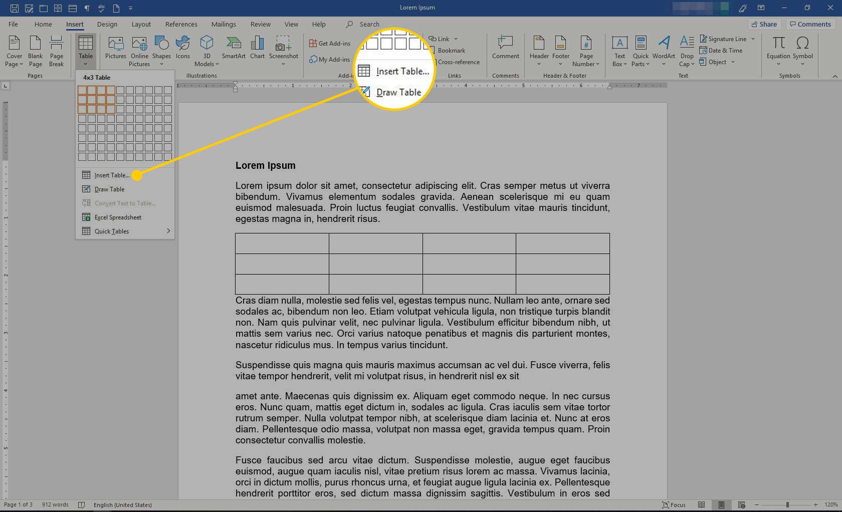 Microsoft Word med alternativet Infoga tabell markerat