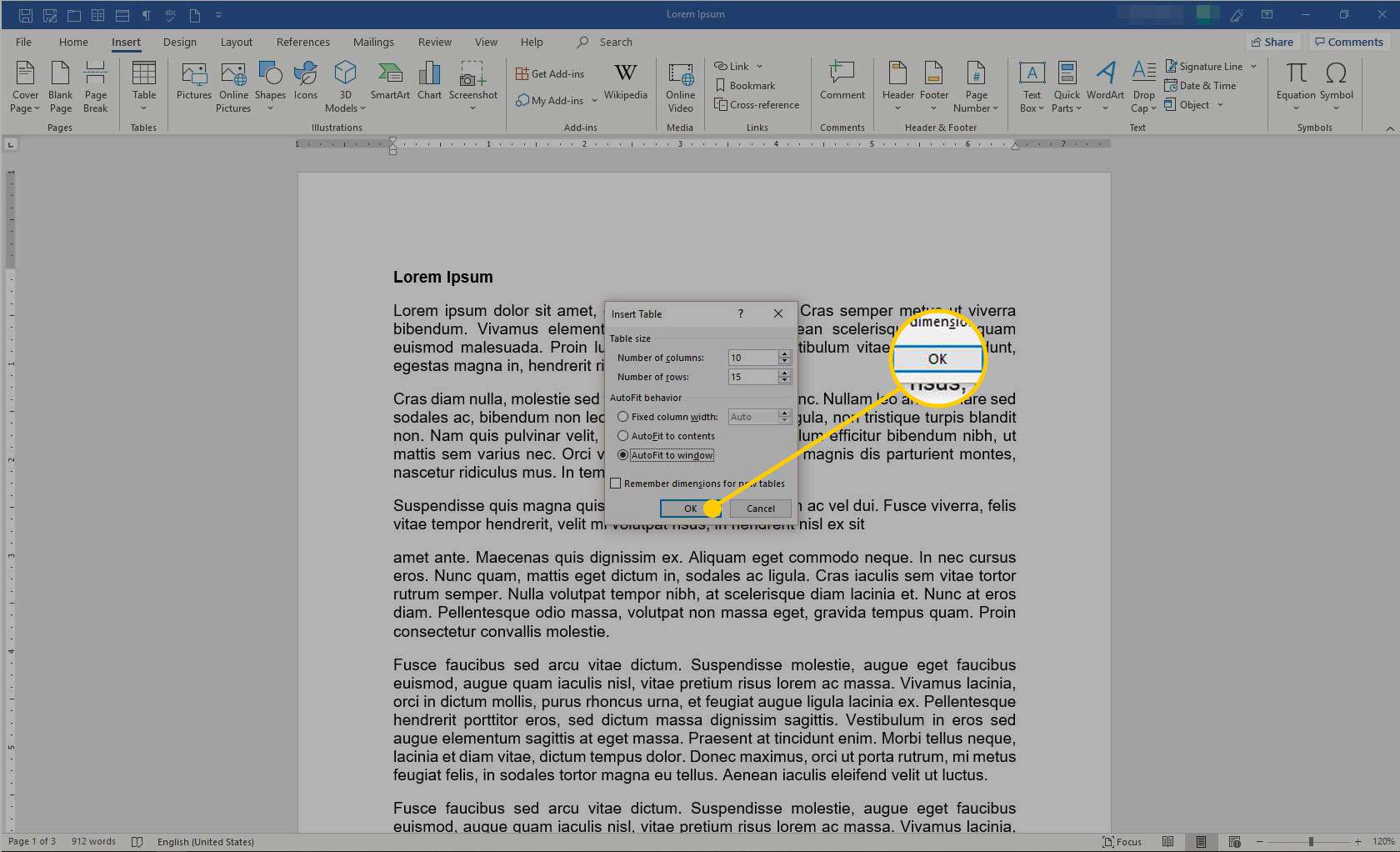 Infoga tabellruta i Microsoft Word med OK-knappen markerad