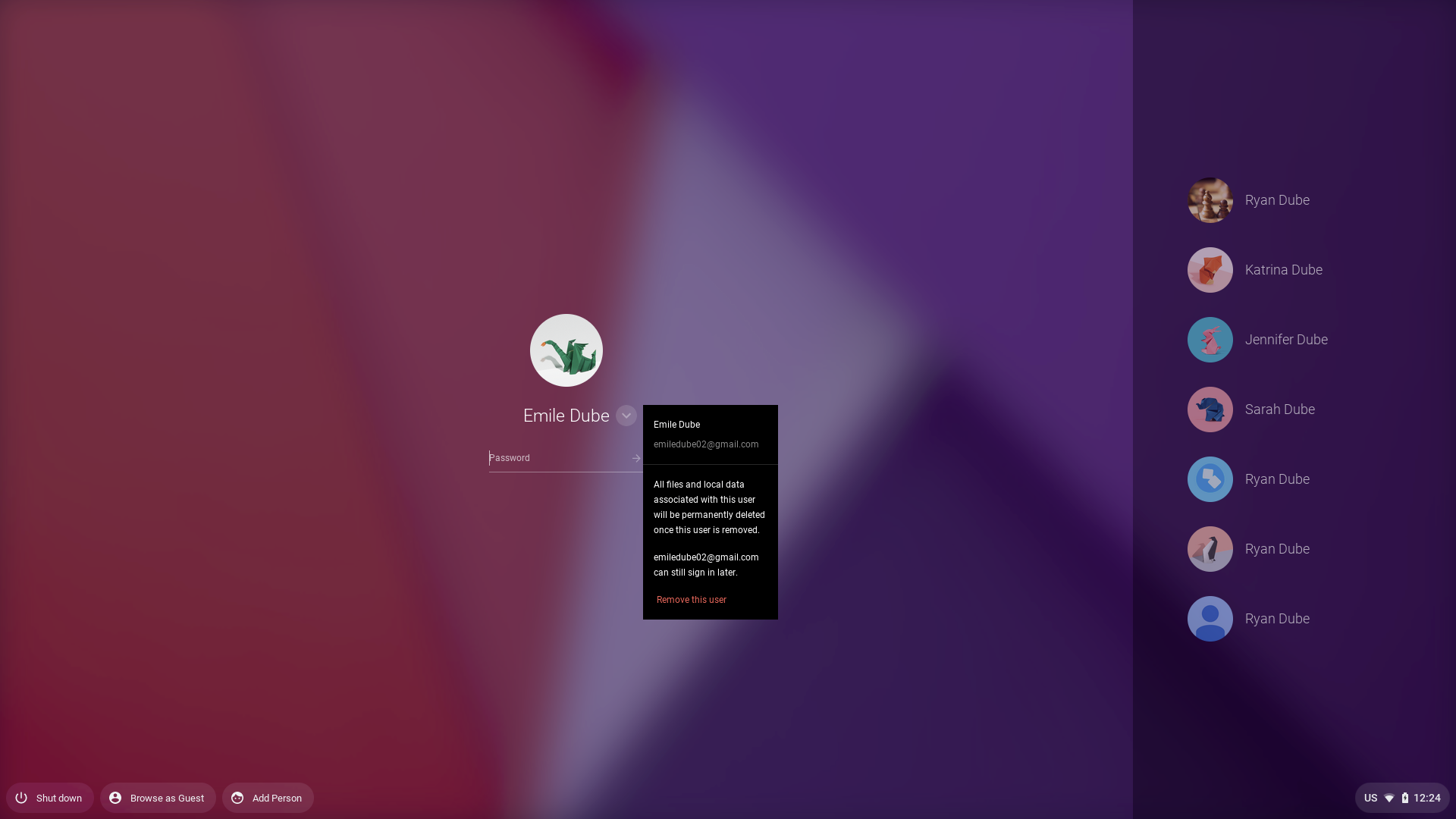 Skärmdump för att ta bort en användare i Chromebook