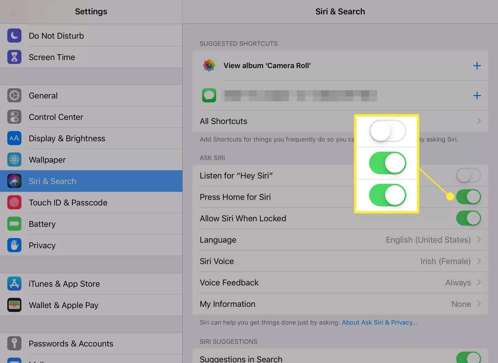 Alternativreglage på Siri & Sökinställningar på iOS