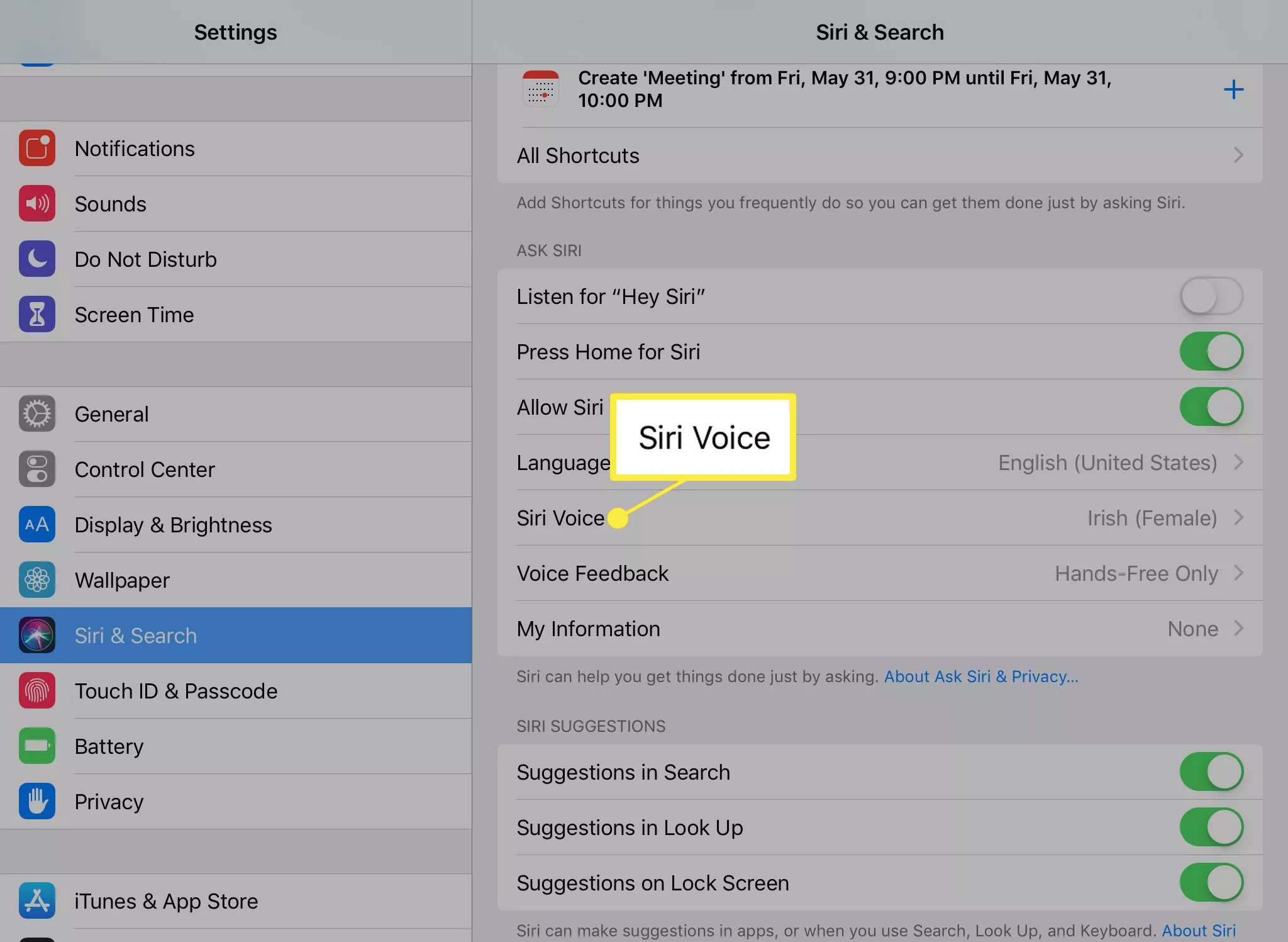 Siri Voice-alternativ på Siri & Search-skärmen på iOS