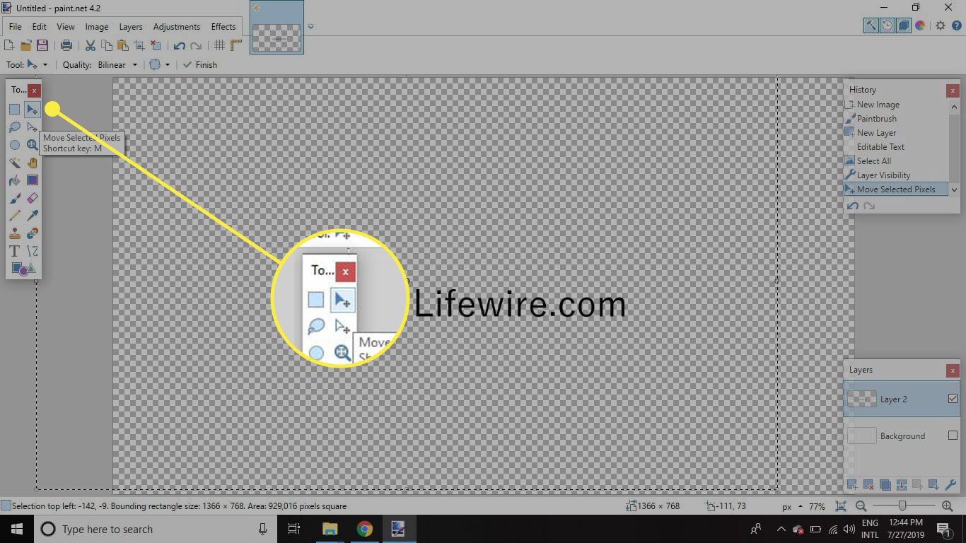 En skärmdump av Paint.NET med verktyget Flytta markerat