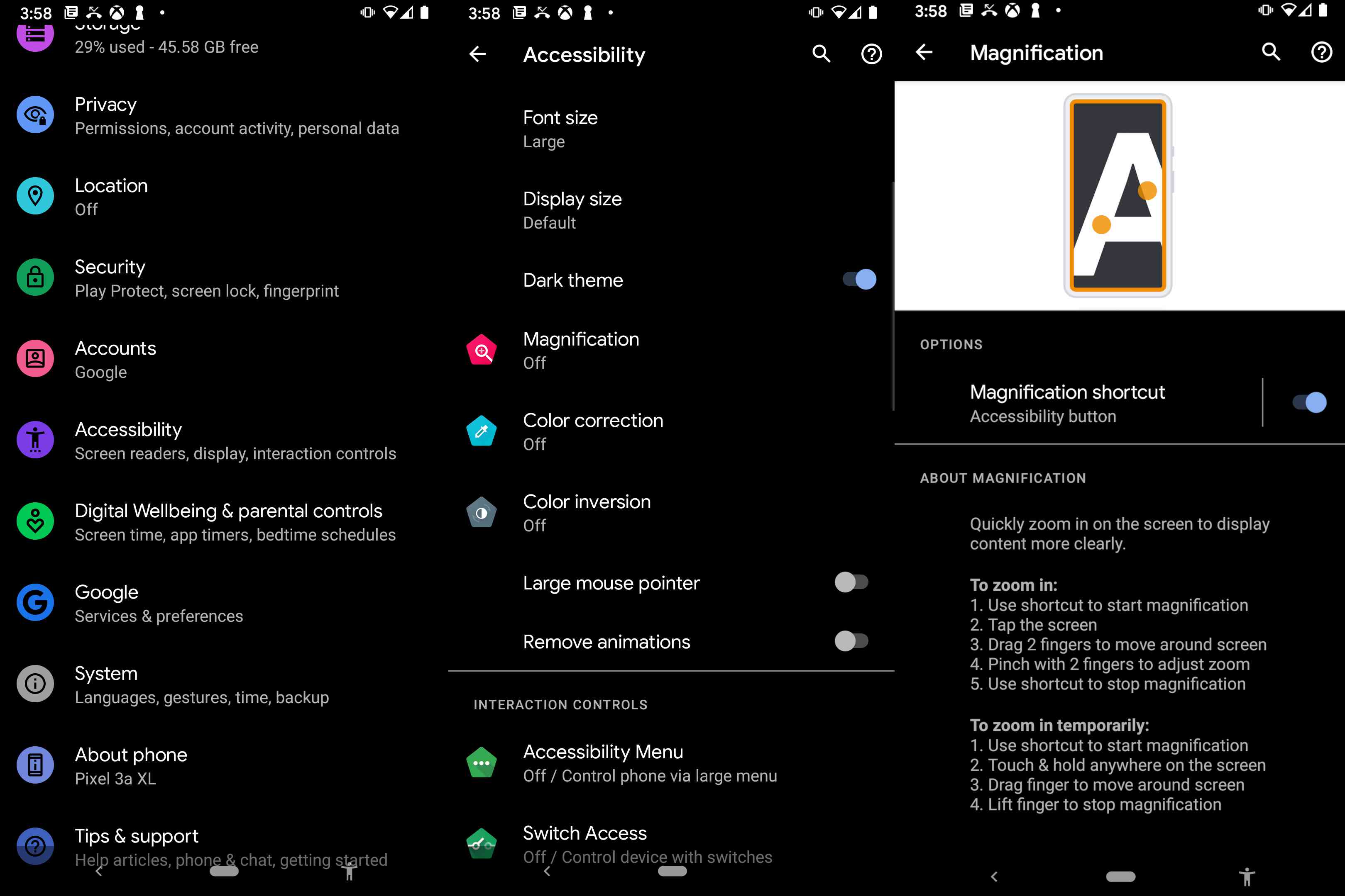 En serie skärmdumpar som visar hur du aktiverar Androids förstoringsfunktion
