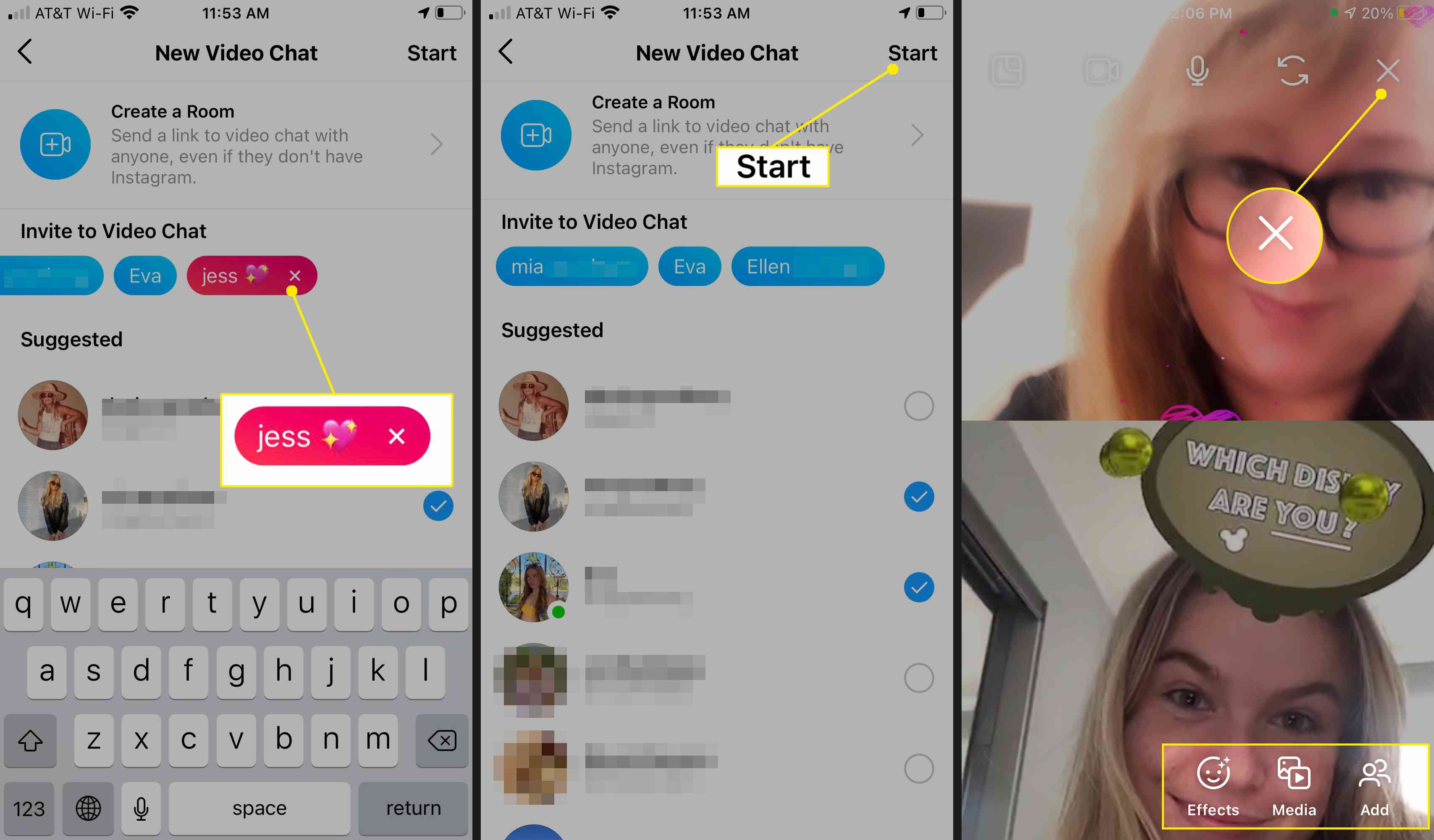 Ta bort deltagare och starta och avsluta sedan en Instagram-videochatt