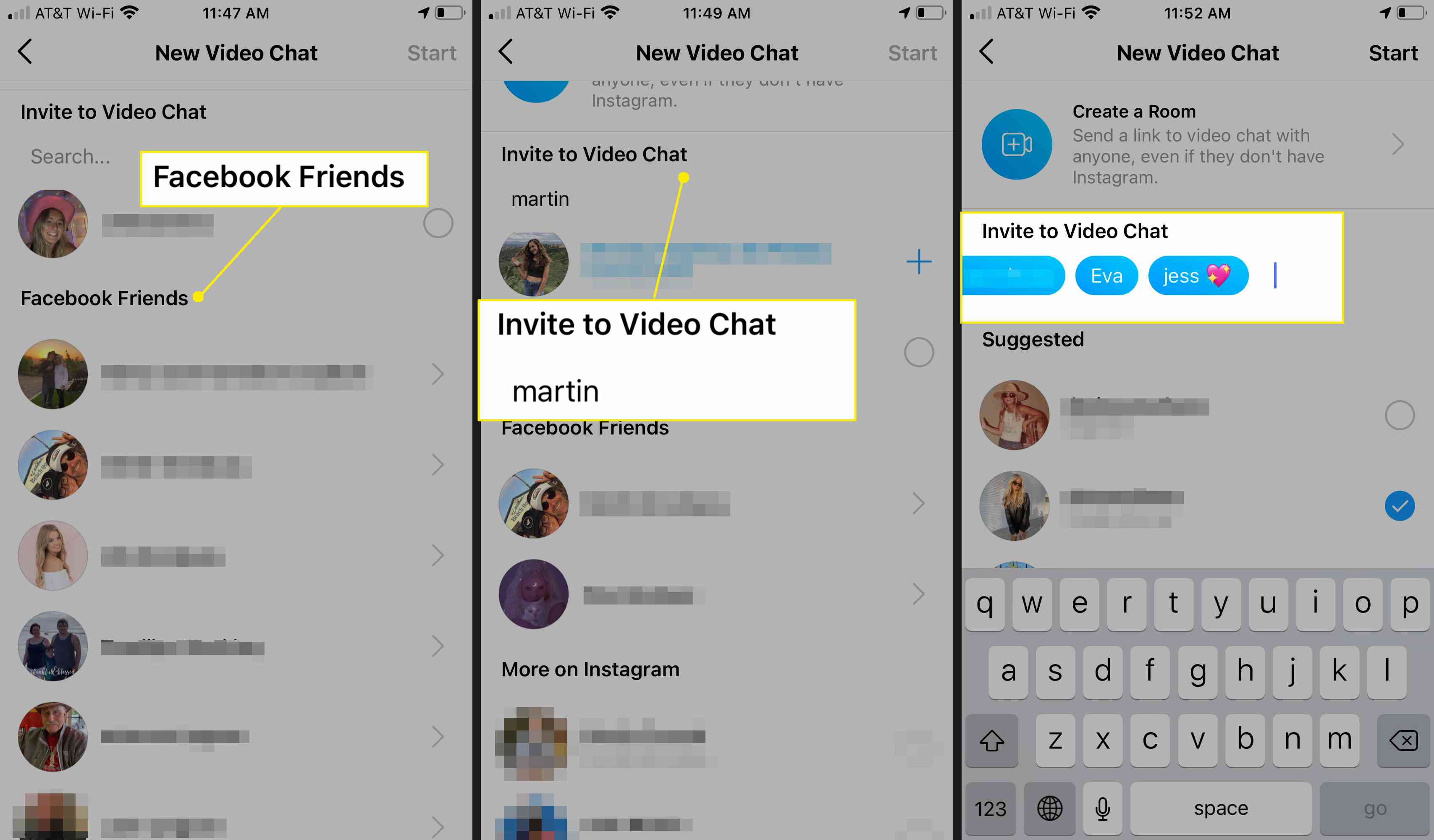 Lägg till Instagram- och Facebook-vänner till en videochatt via Instagram