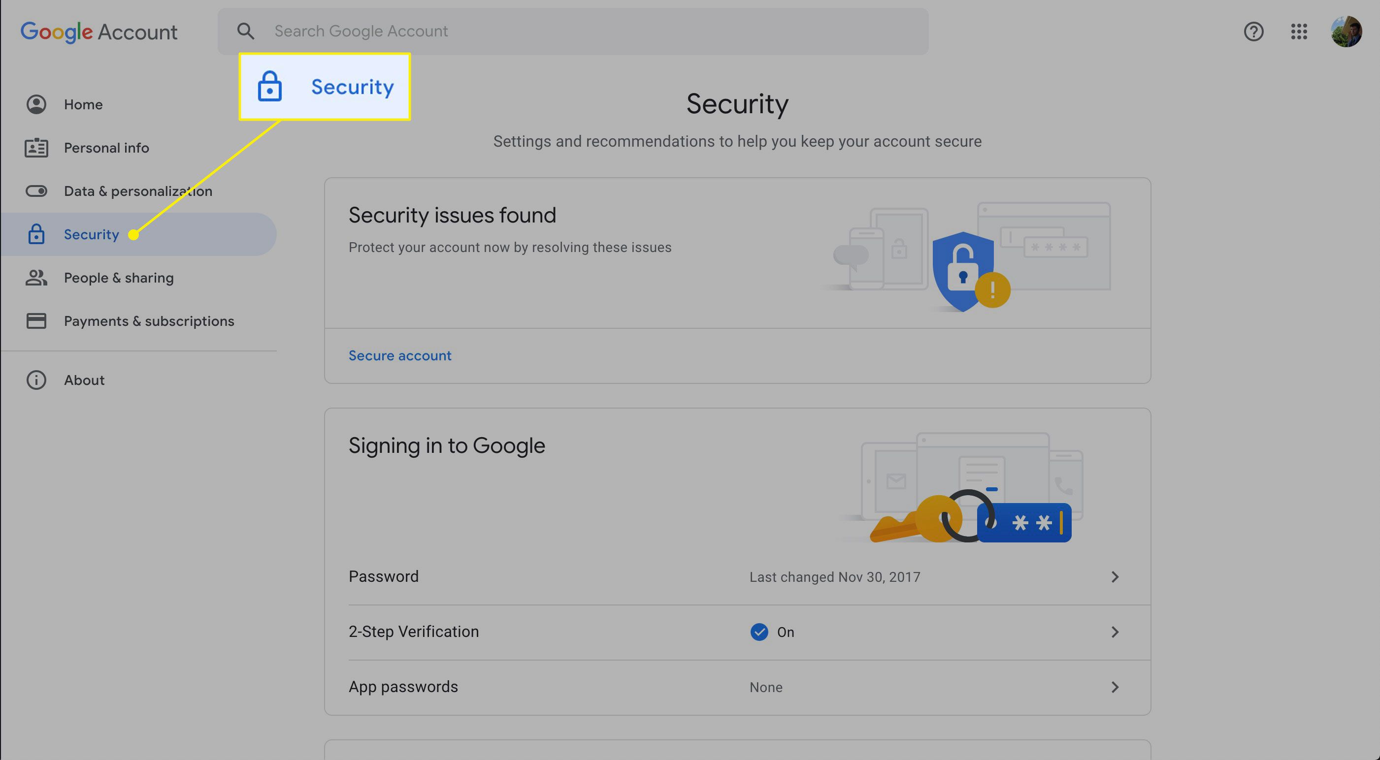 Säkerhetsavsnittet i Google-konto