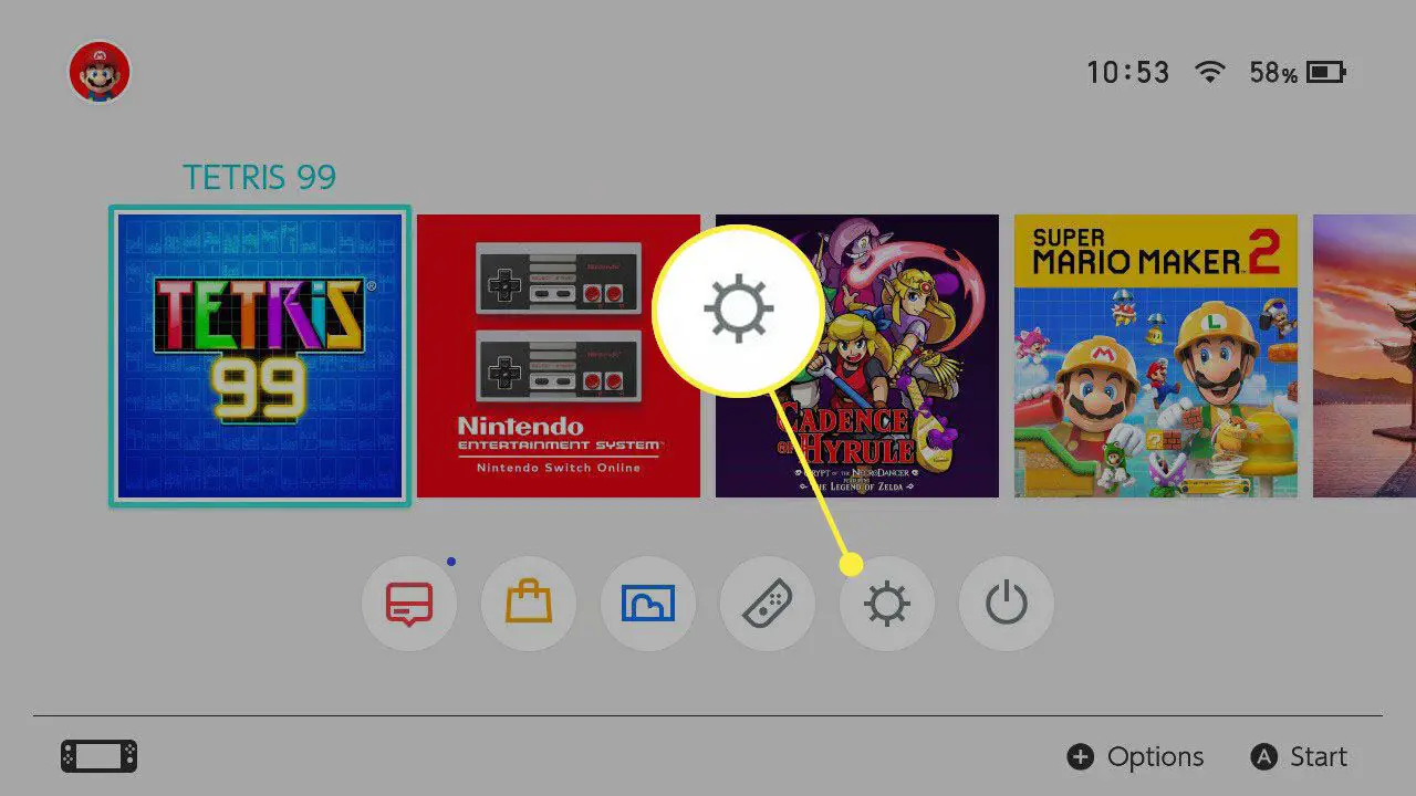 Nintendo Switch-startskärmen med inställningar markerade