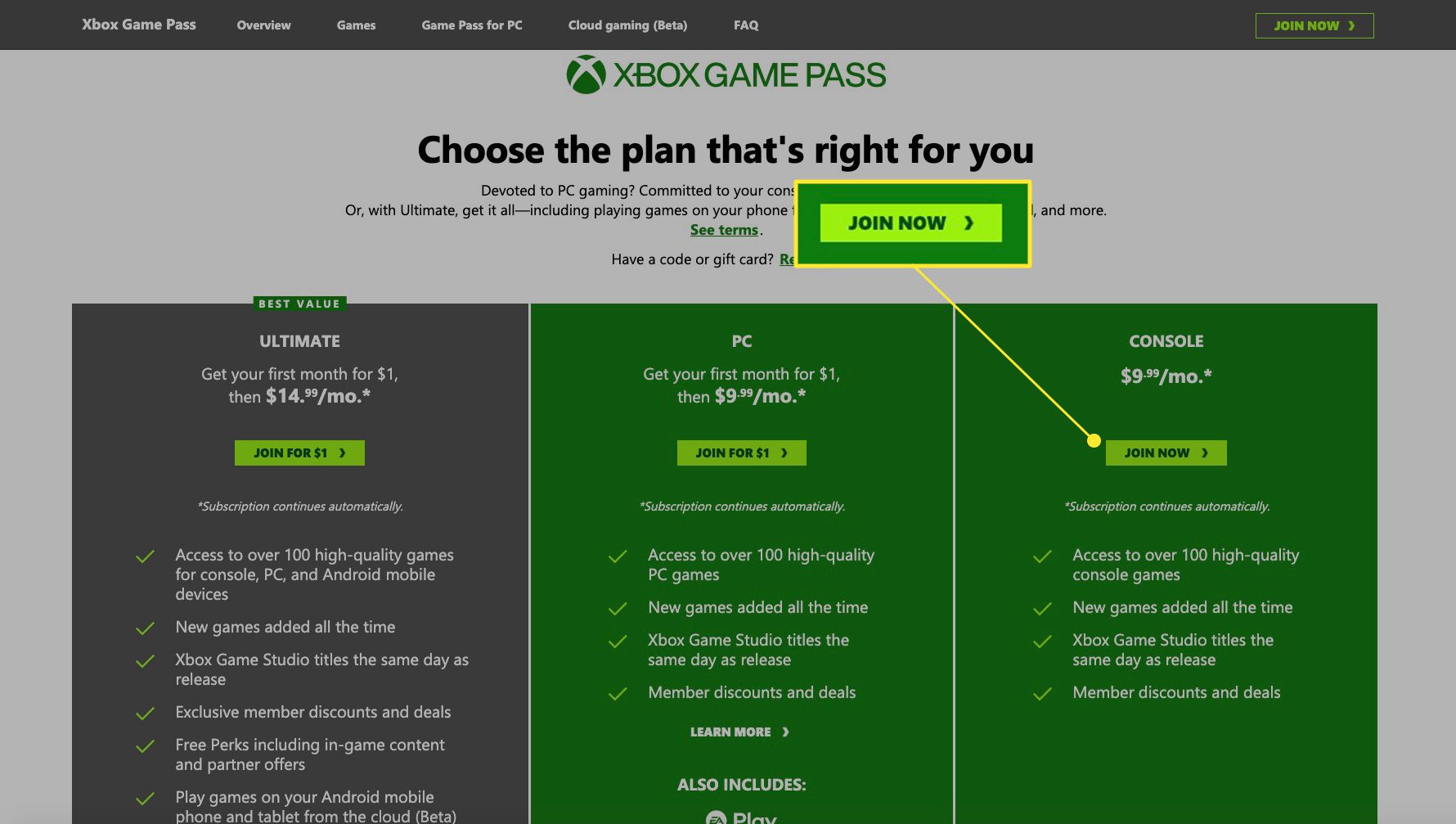 Xbox Game Pass med Join Now markerat
