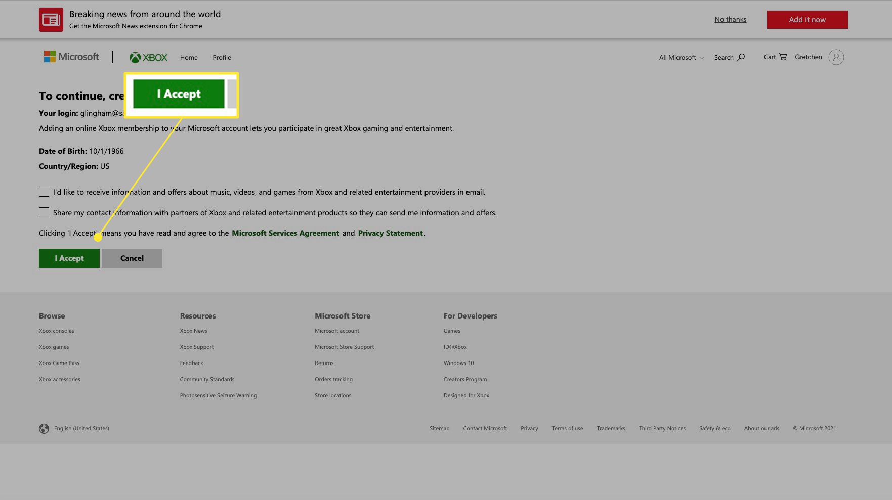 Xbox Game Pass-registrering med "Jag accepterar" markerad